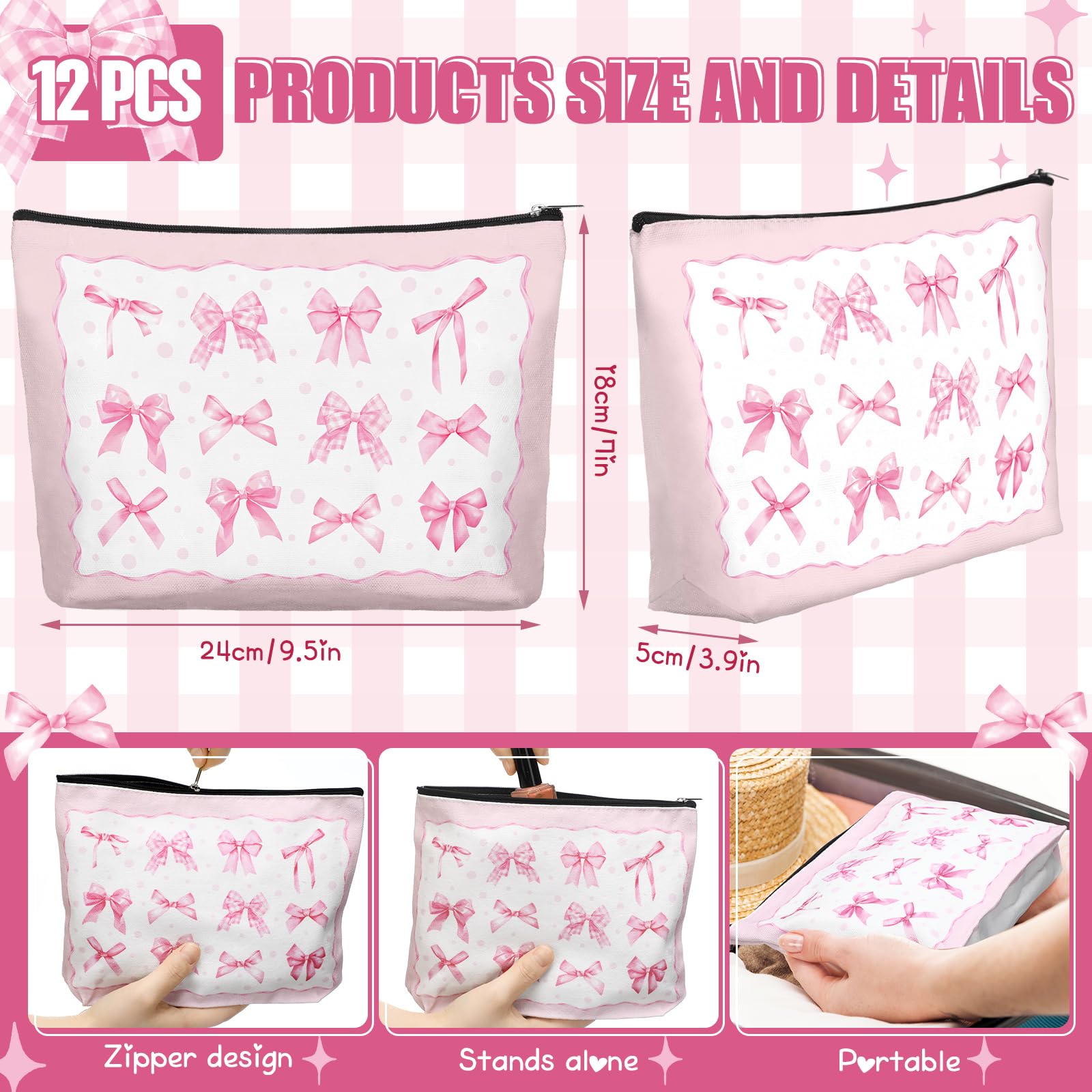 Pochette rose Reginary coquette, motif nœud distinct, idéale pour cosmétiques quotidiens.
