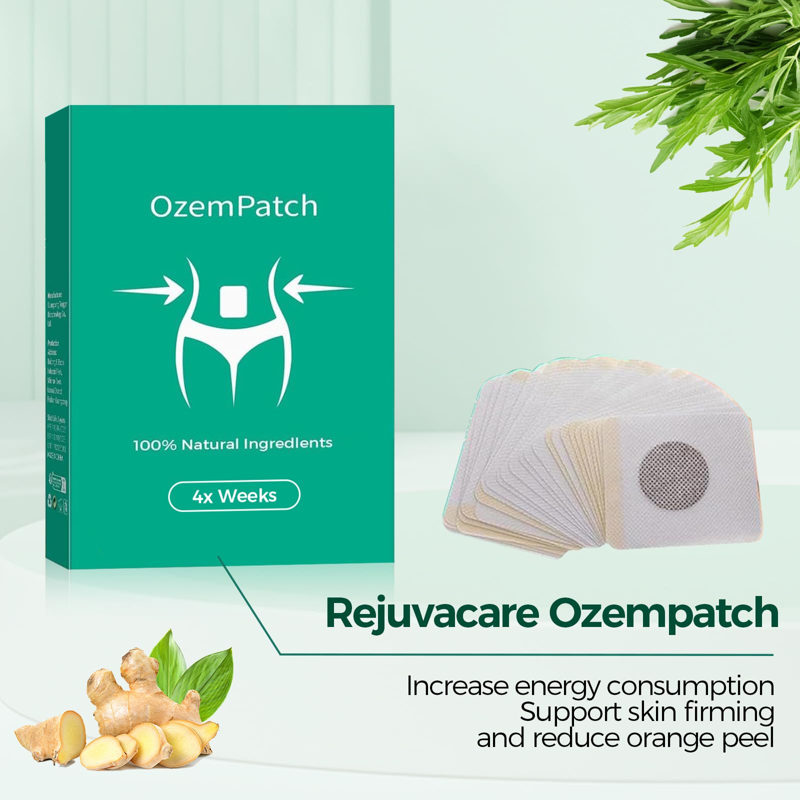 Ingrédients naturels du RejuvaCare OzemPatch illustrés, approche douce pour la peau.