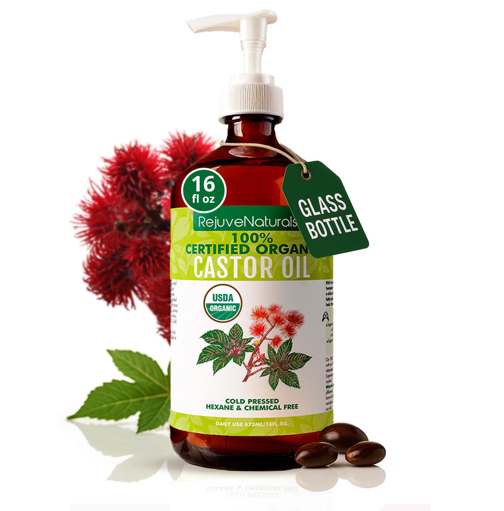 RejuveNaturals huile de ricin dans une bouteille en verre de 16 oz, hydratation douce pour peau et cheveux