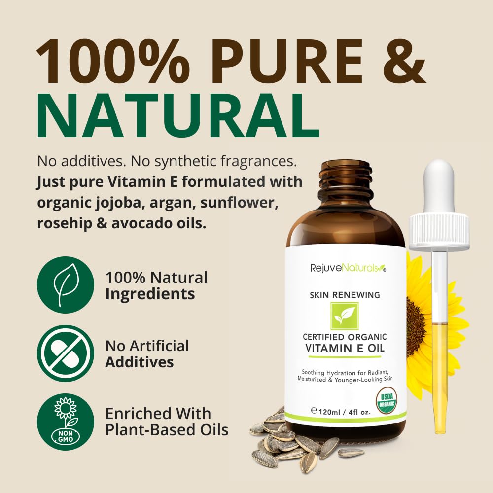 RejuveNaturals Vitamine E huile – visage-application quotidienne, peau douce.