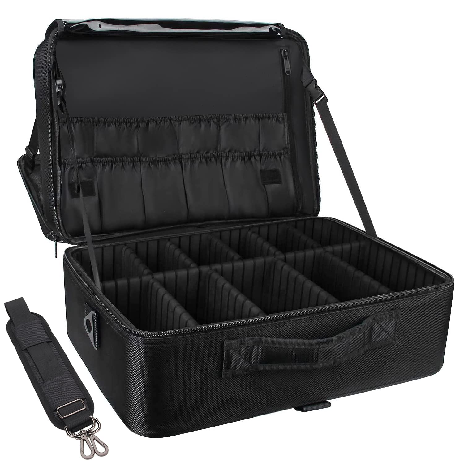 Relavel coffret maquillage extralarge: intérieur organisé pour pinceaux et outils, rangement sûr en voyage.