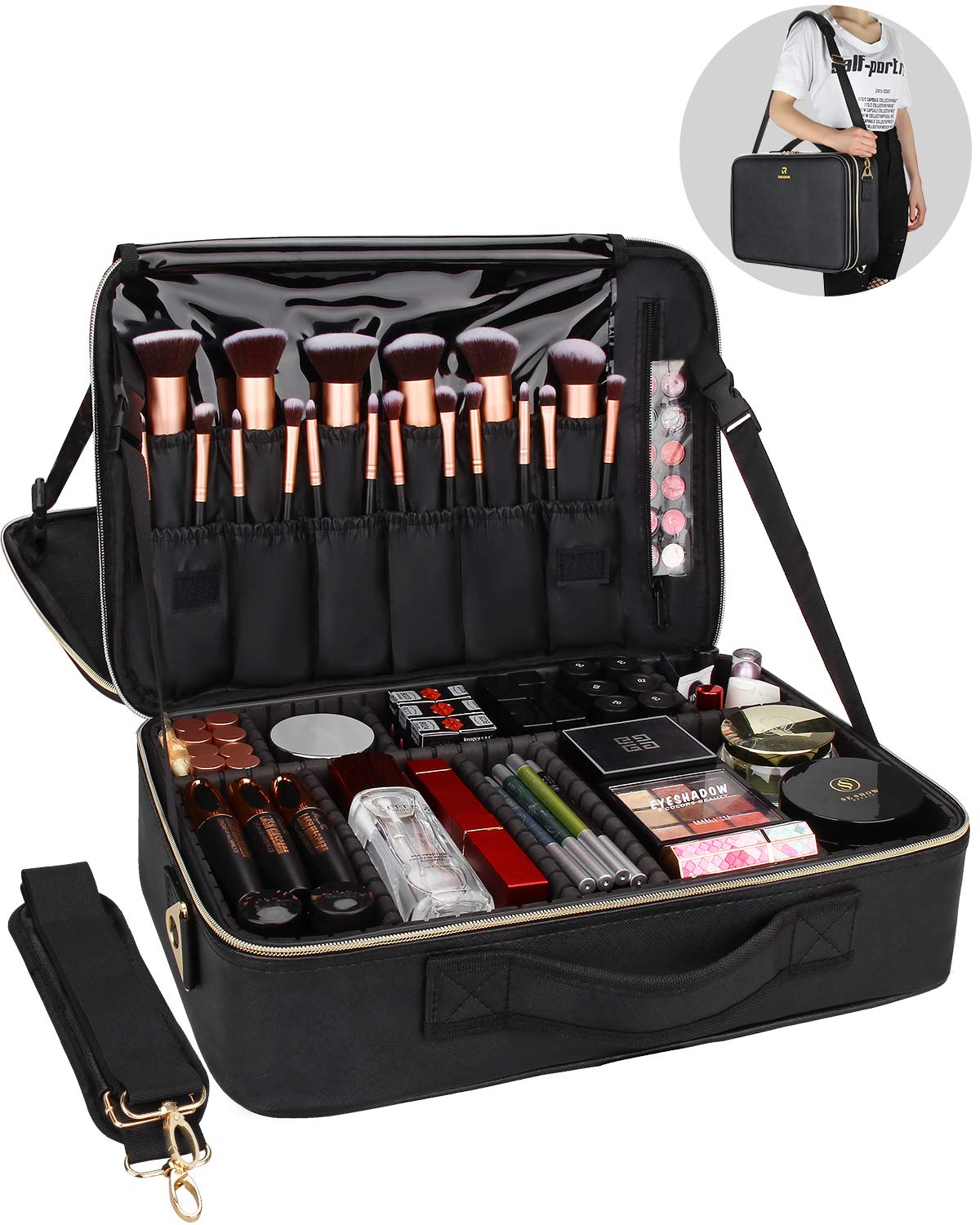 Relavel coffret maquillage grande capacité à 3 étages avec diviseurs réglables.