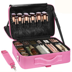 Relavel coffret maquillage professionnel rose grand format, vue d'ensemble, rangement optimal.