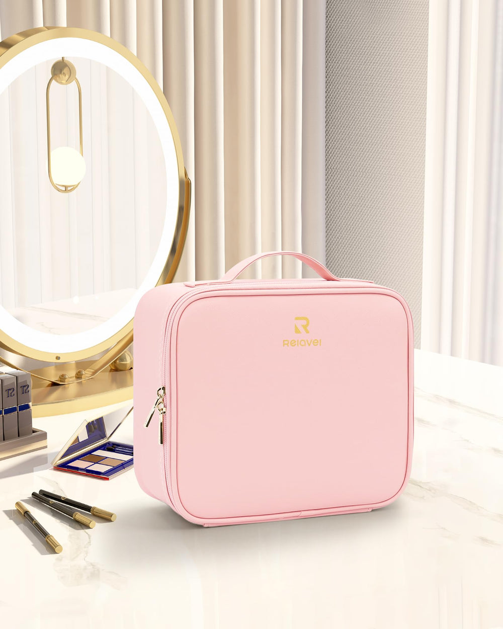 Relavel coffret maquillage rose design élégant, style chic et fonctionnel.