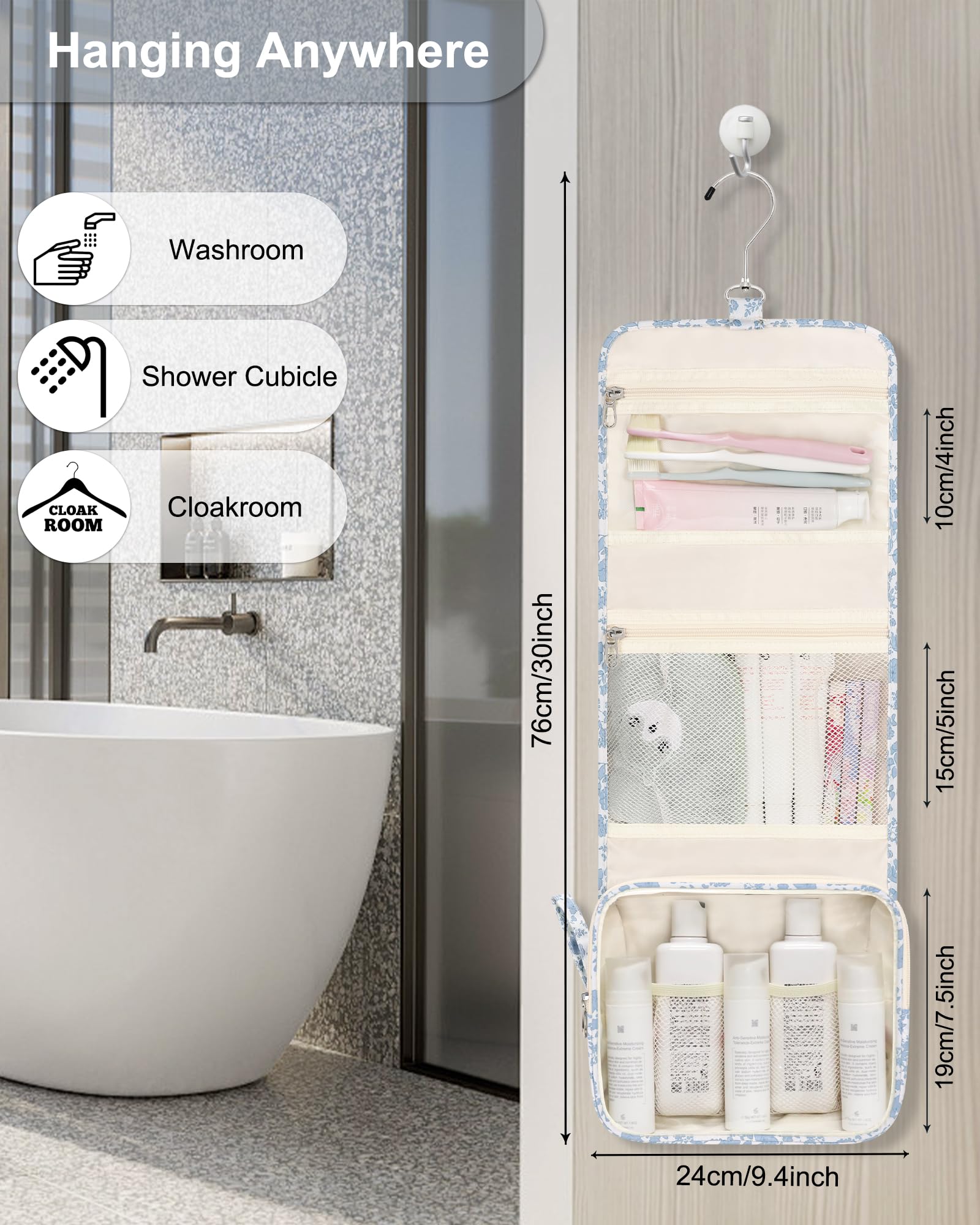 Relavel étui-douche suspendu bleu fleur, compartiment principal organisé pour cosmétiques.
