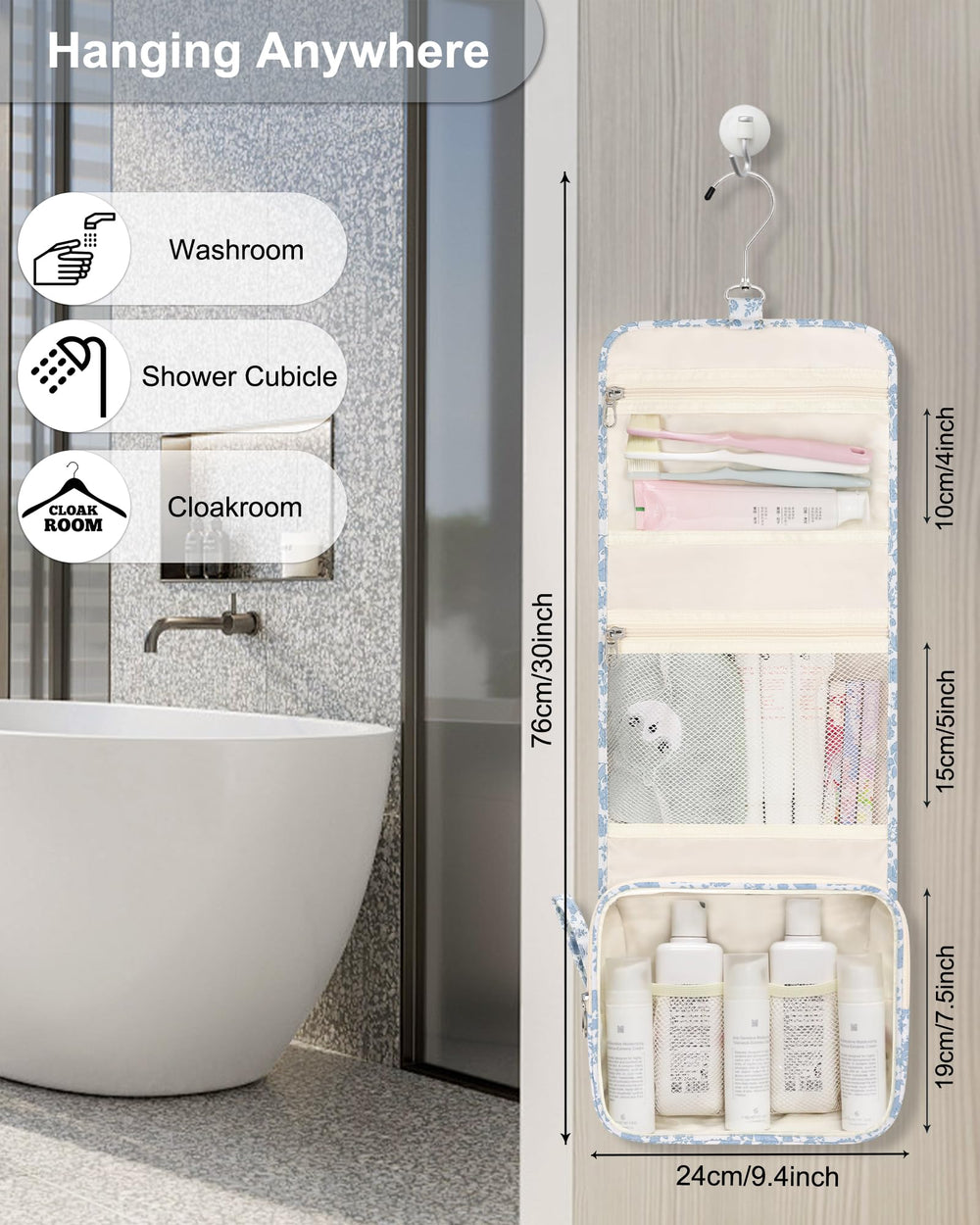 Relavel étui-douche suspendu bleu fleur, compartiment principal organisé pour cosmétiques.