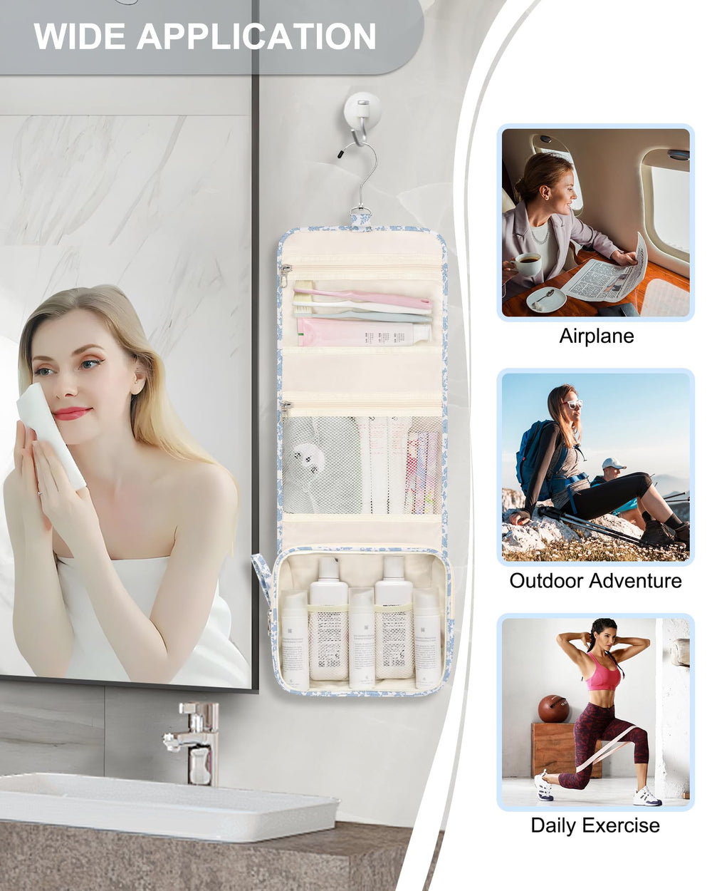 Relavel étui-douche suspendu bleu fleur, crochet pivotant à 360 degrés pour fixation facile.