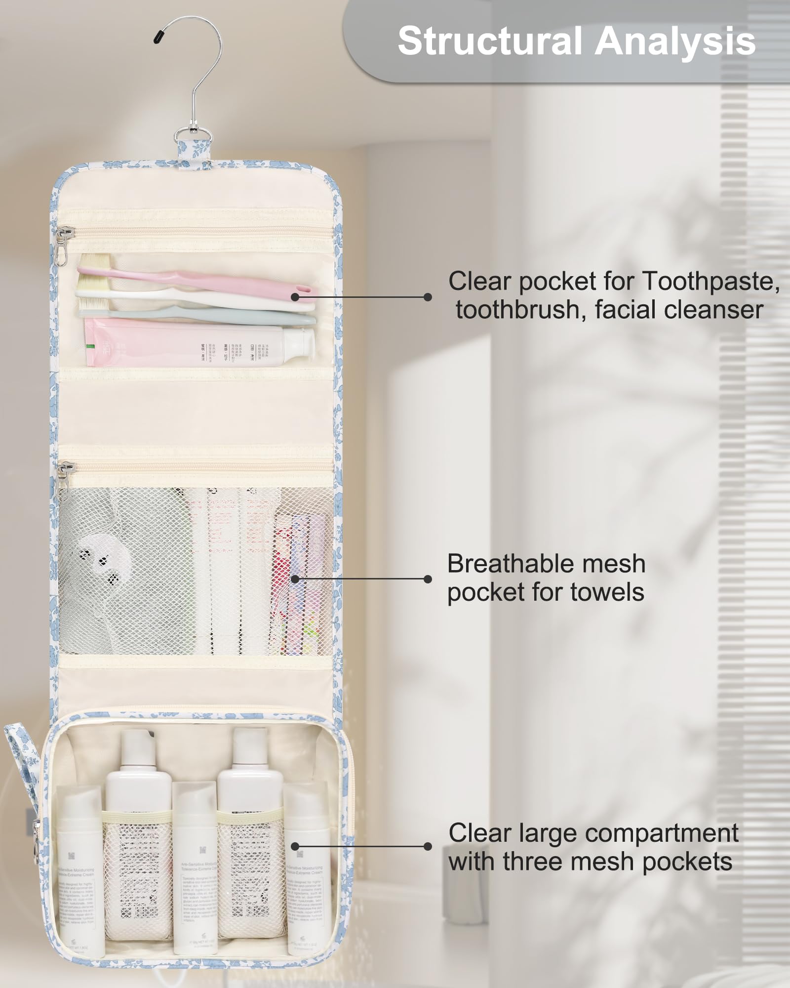 Relavel étui-douche suspendu bleu fleur, rangement séparé pour accessoires de toilette.