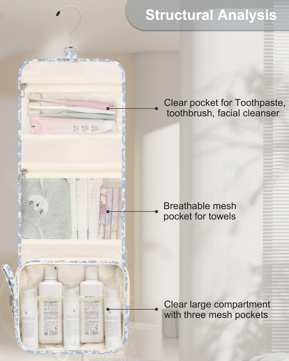 Relavel étui-douche suspendu bleu fleur, rangement séparé pour accessoires de toilette.