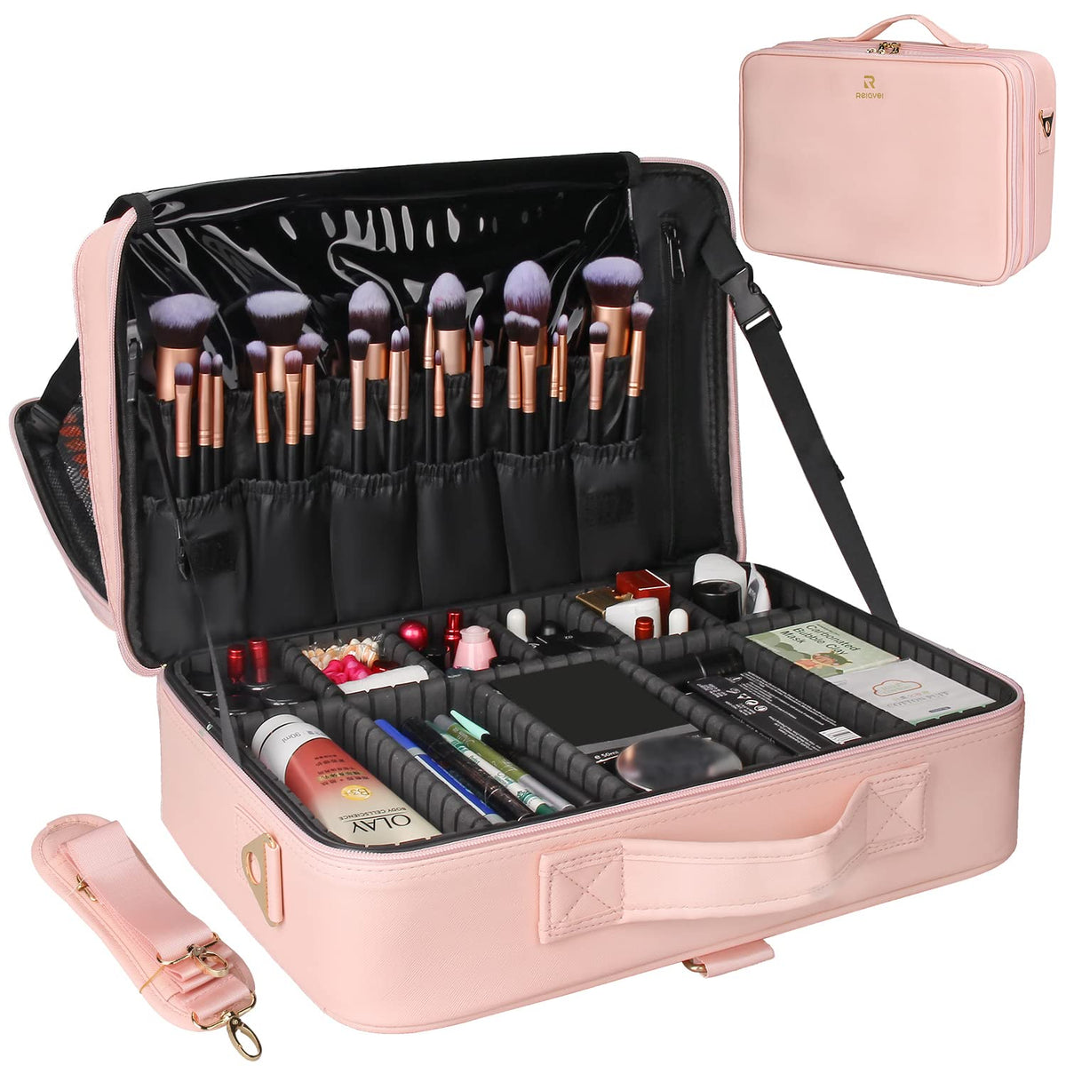 Relavel grand coffret maquillage rose ouvert, rangement facile en voyage.