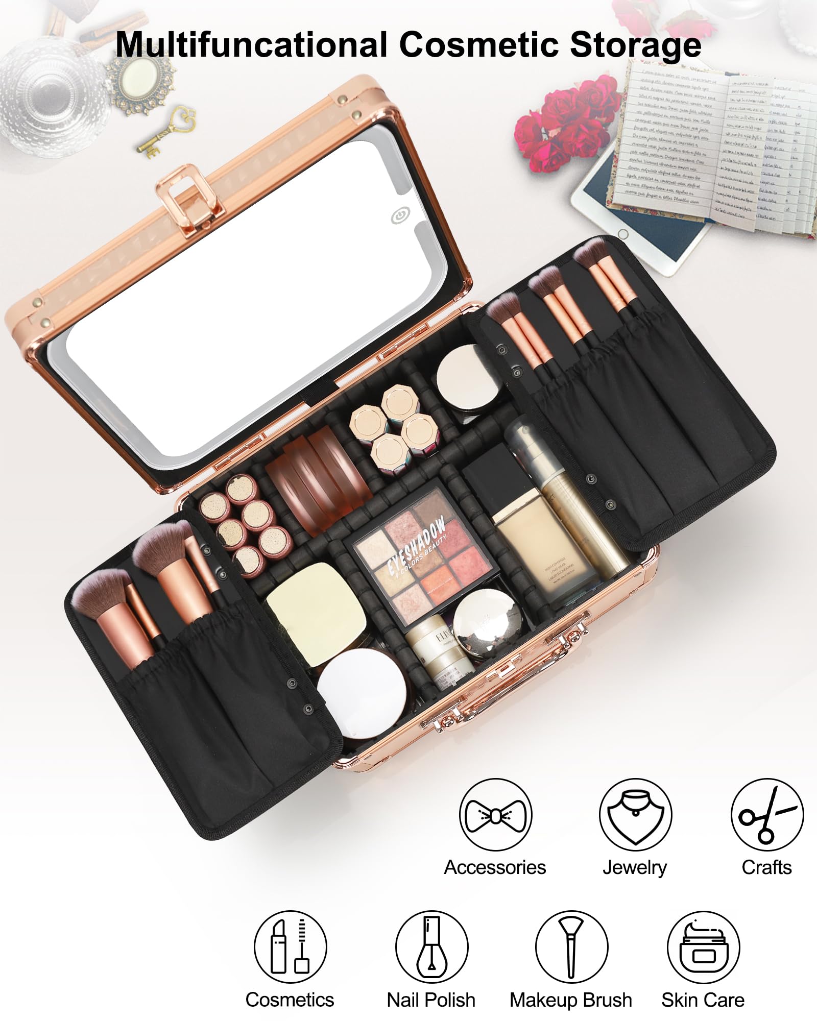 Relavel grand compartiment pratique pour cosmétiques et bijoux.