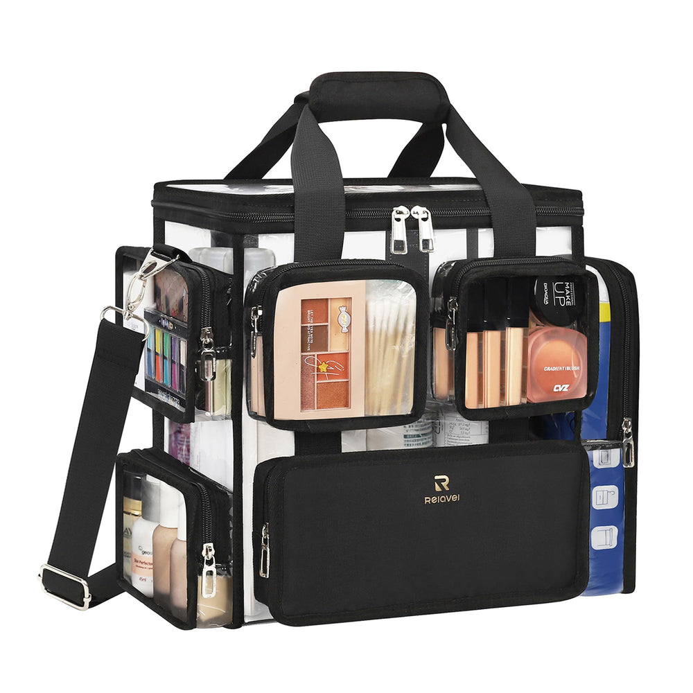 Relavel grande trousse maquillage transparente, idéale pour les déplacements professionnels.