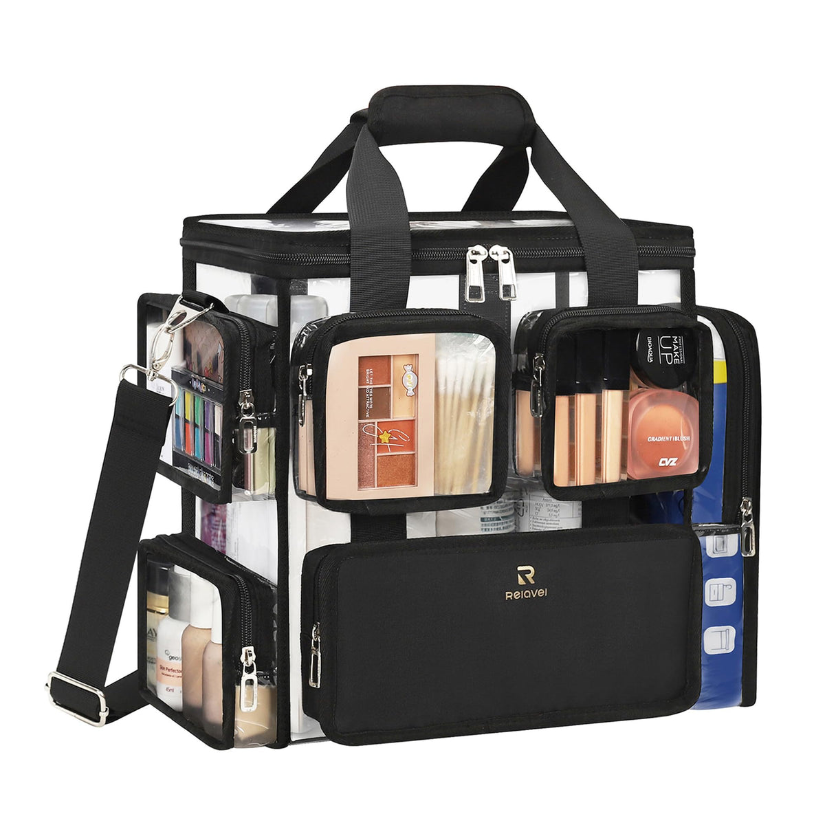 Relavel grande trousse maquillage transparente, idéale pour les déplacements professionnels.