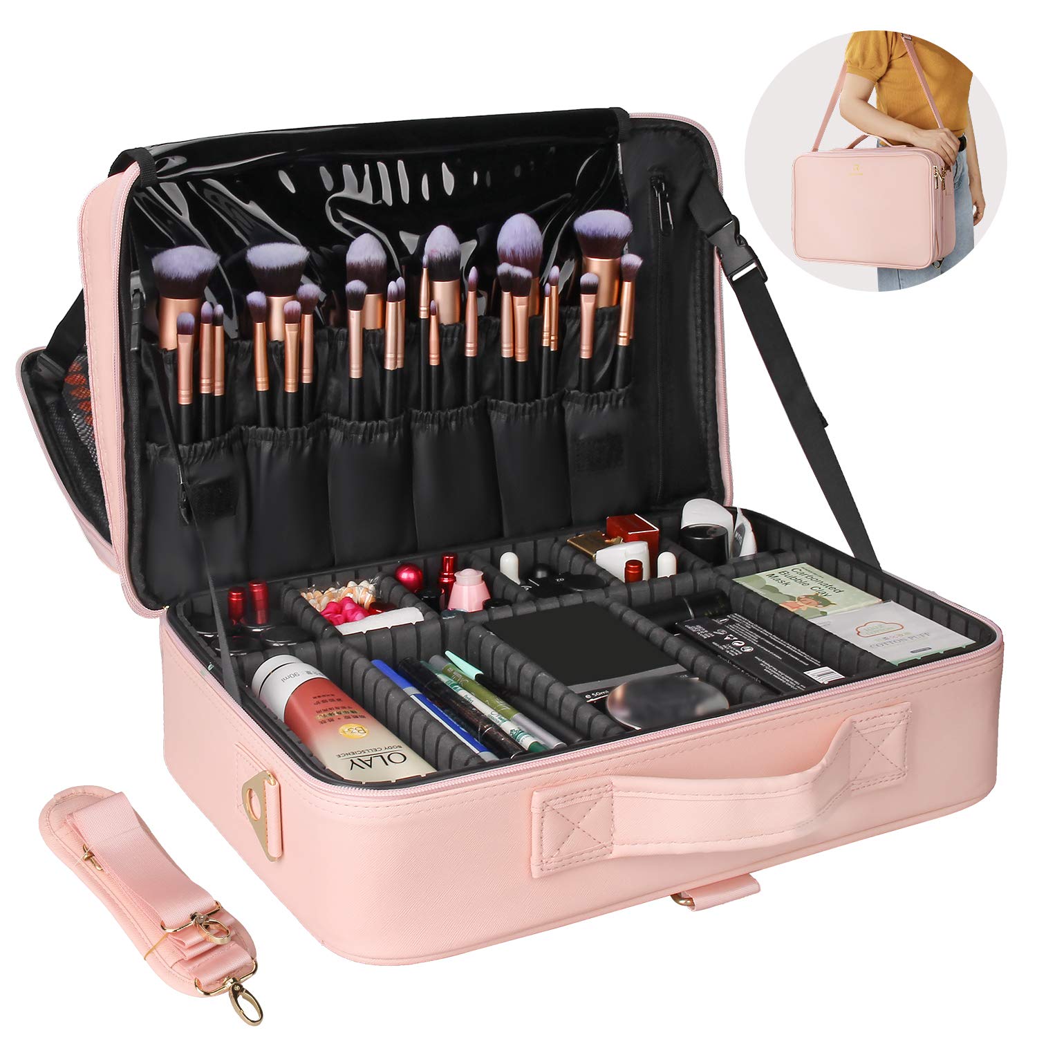Relavel mallette maquillage rose avec bandoulière rembourrée, port confortable.