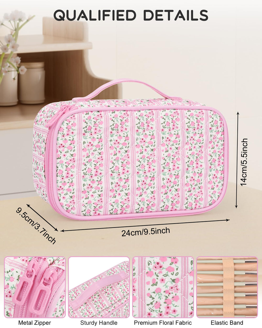Relavel pochette maquillage rose couche superieure avec elastiques et porte pinceaux