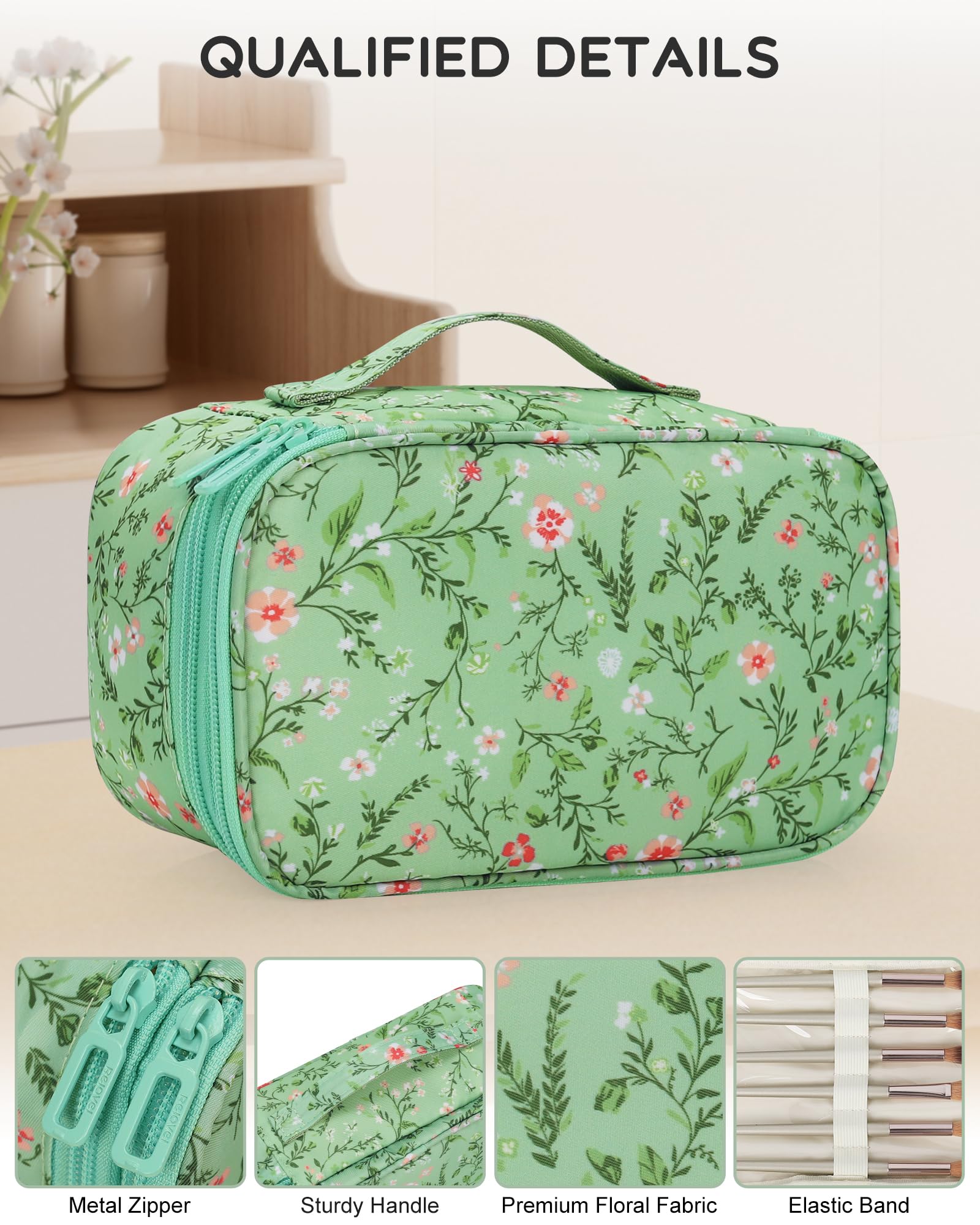Relavel sac maquillage double étage vert, emplacement dédié pour brosses.