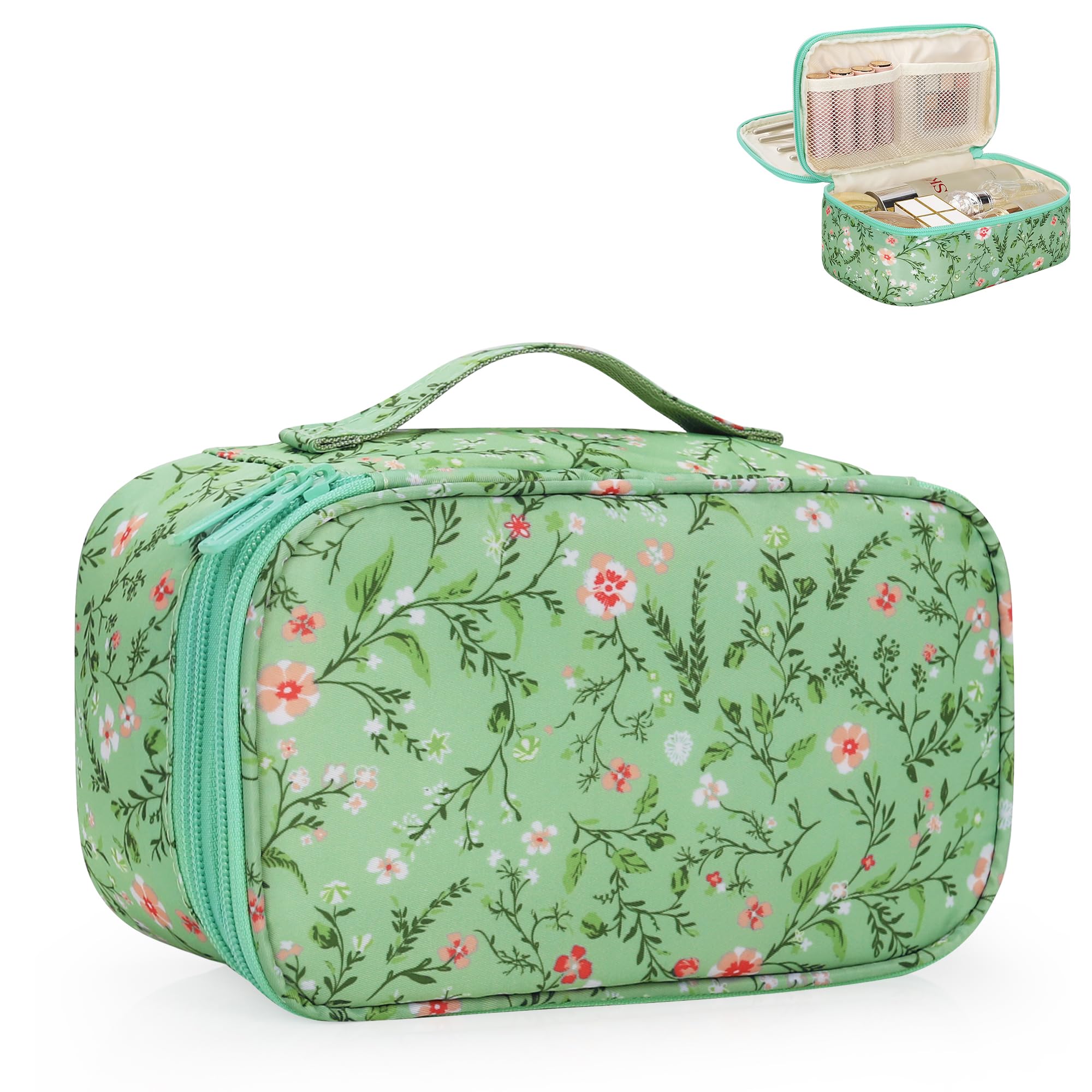 Relavel sac maquillage floral vert avant, rangement élégant pour vos essentiels en voyage.