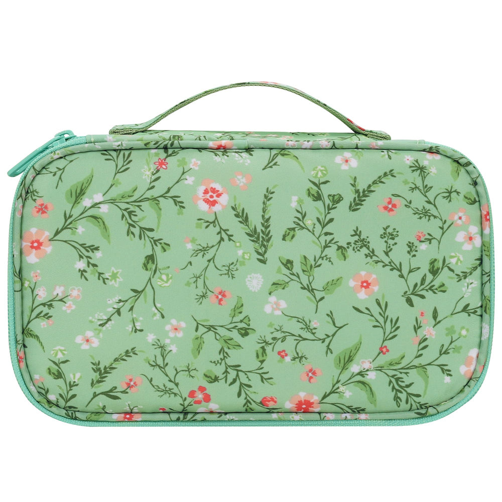 Relavel sac maquillage floral vert dos, design élégant pour sac à main.