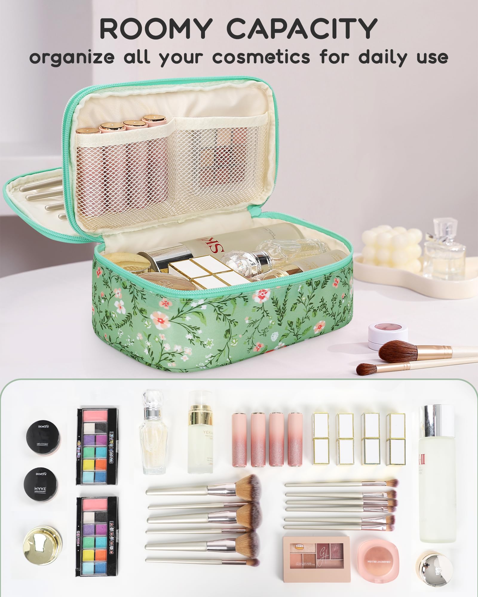 Relavel sac maquillage floral vert en voyage, compact et léger.