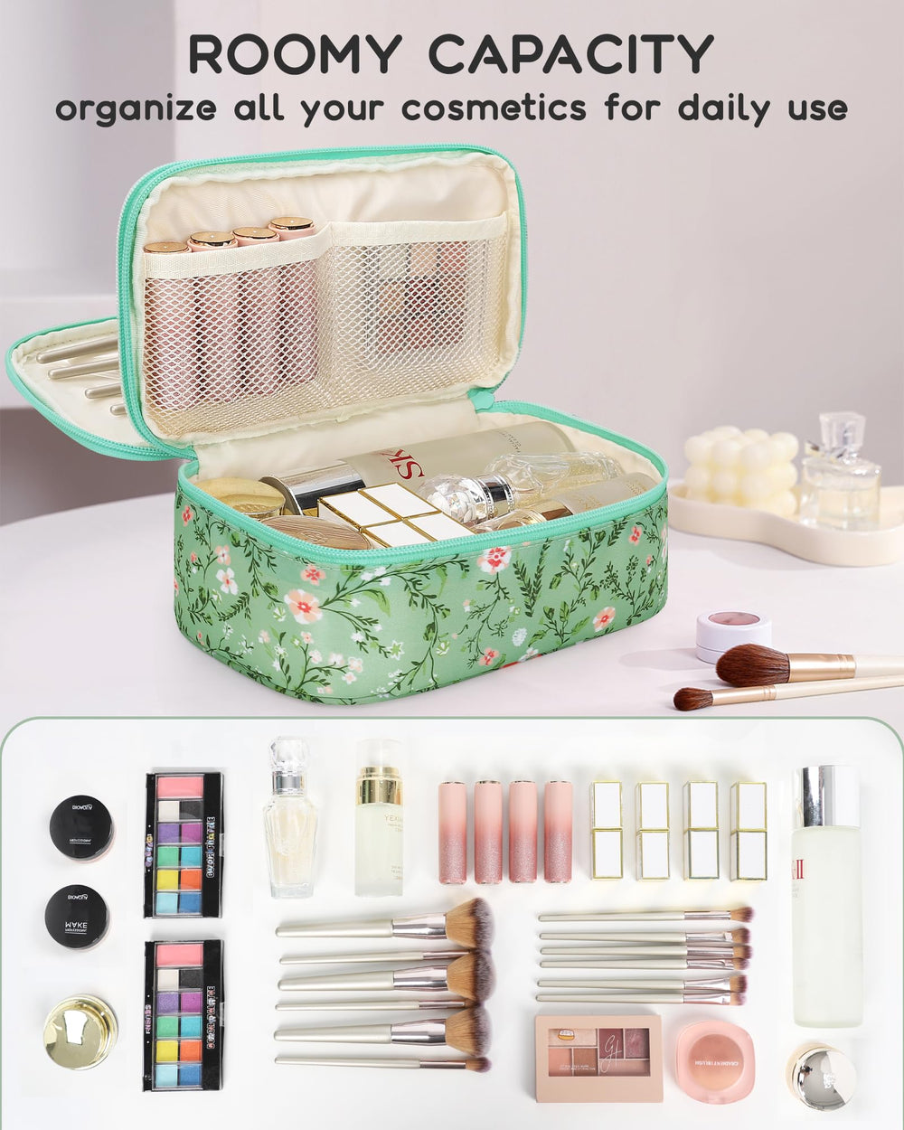 Relavel sac maquillage floral vert en voyage, compact et léger.