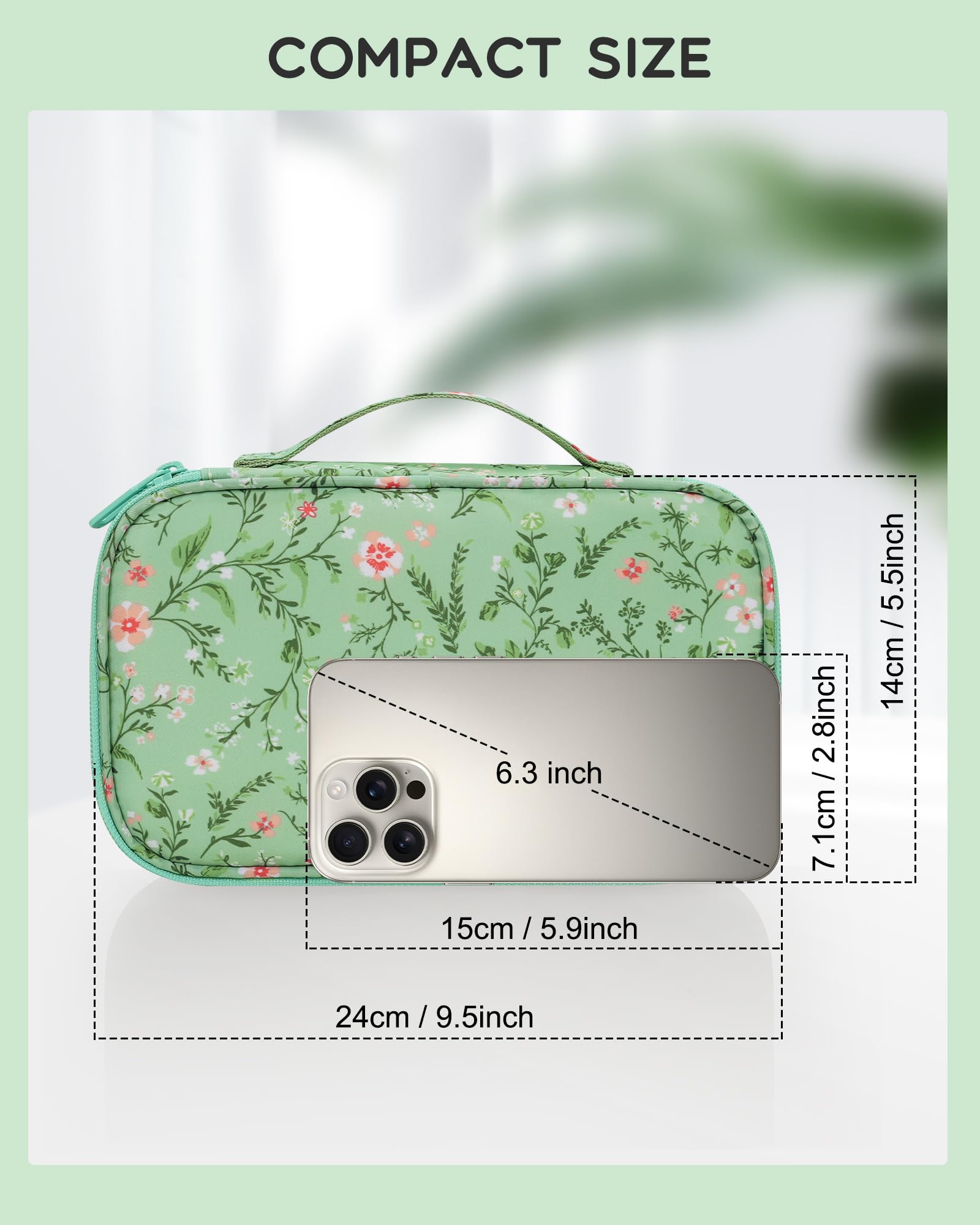 Relavel sac maquillage floral vert poches maille, accès rapide et rangement net.