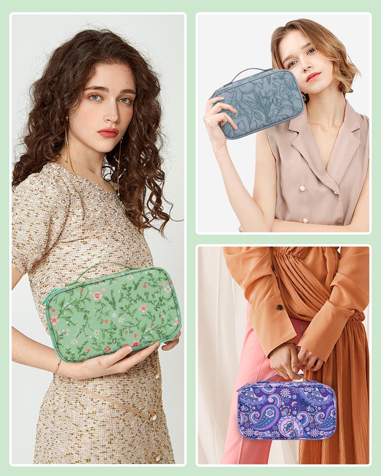 Relavel sac maquillage floral vert usage quotidien, léger et pratique.
