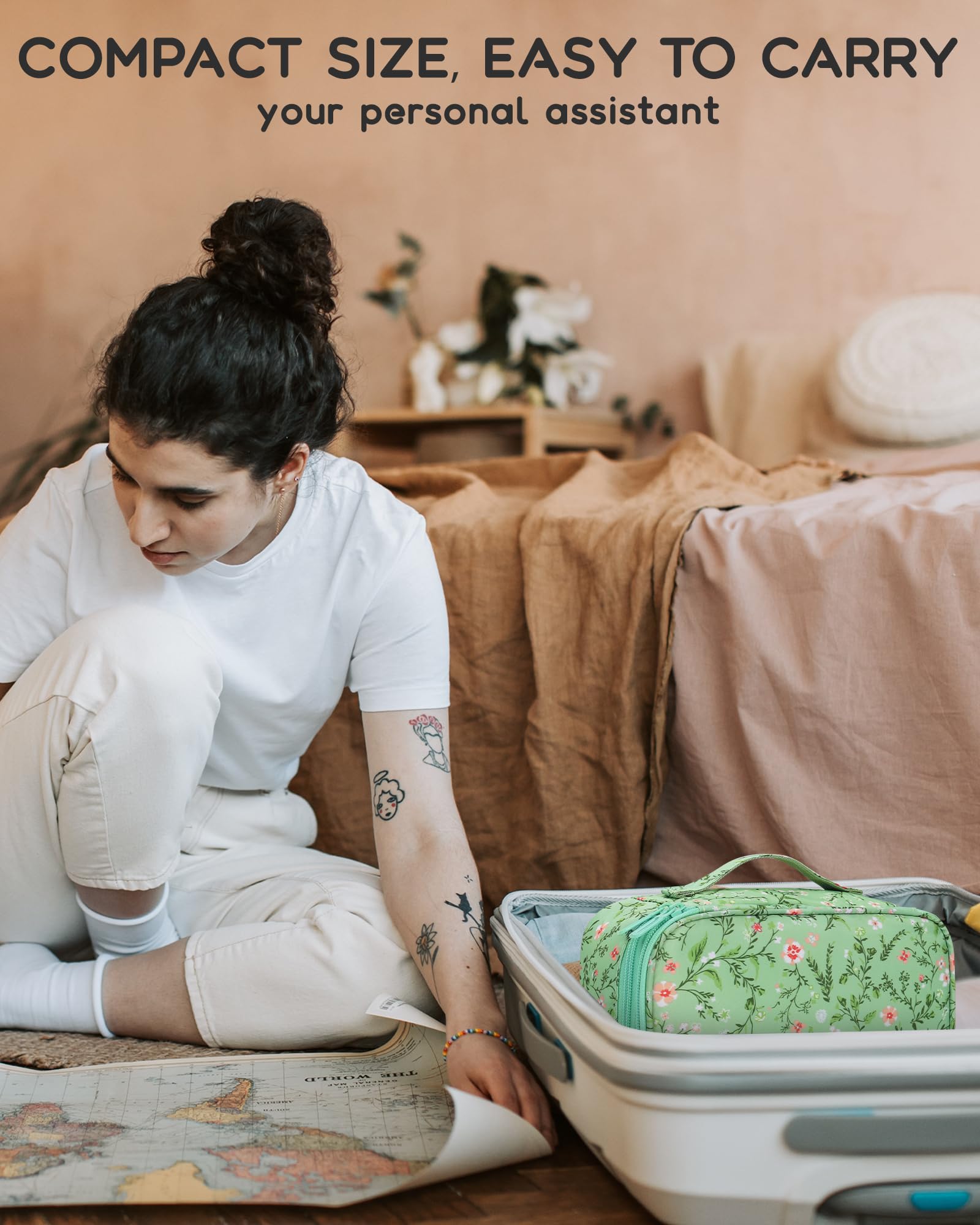 Relavel sac maquillage floral vert zip, fermeture sécurisée et mobilité.