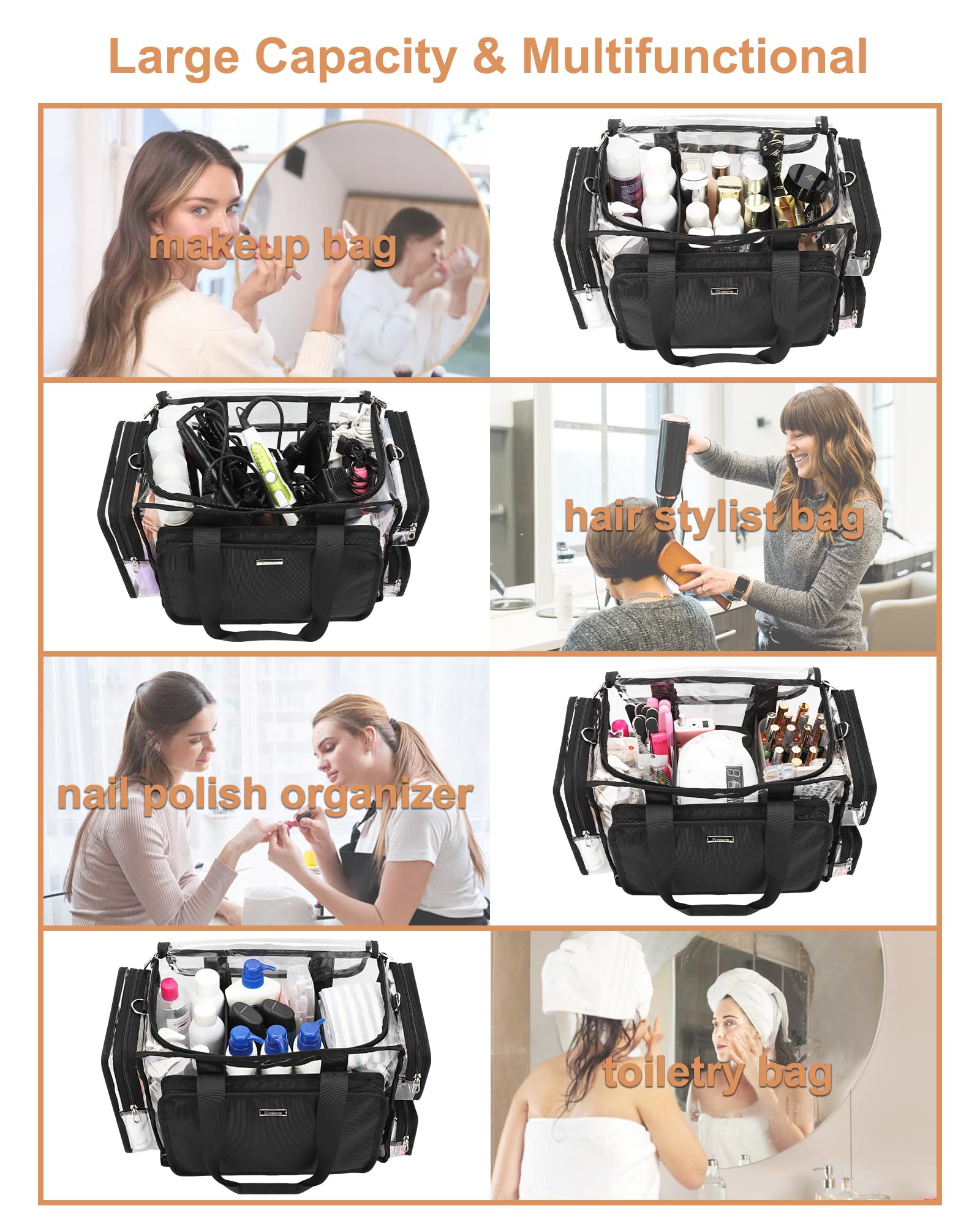 Relavel sac maquillage transparent avec bandouliere reglable et poignées confortables.