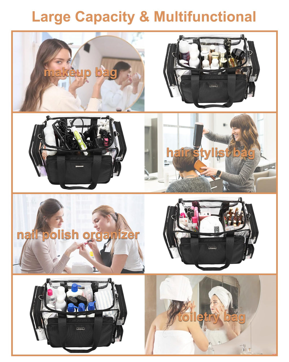 Relavel sac maquillage transparent avec bandouliere reglable et poignées confortables.