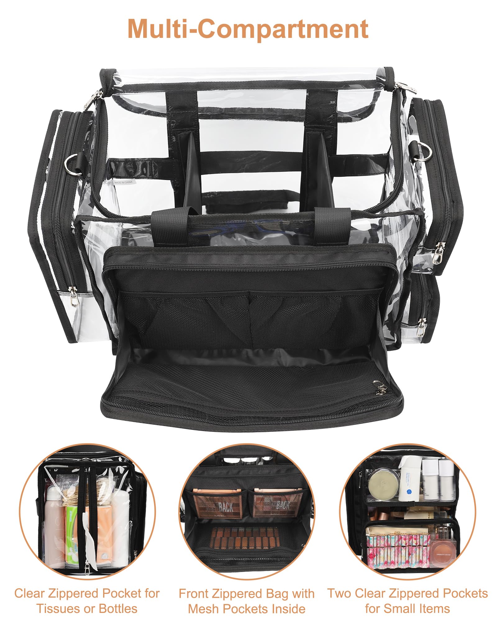 Relavel sac maquillage transparent avec poches latérales et frontales pratiques.