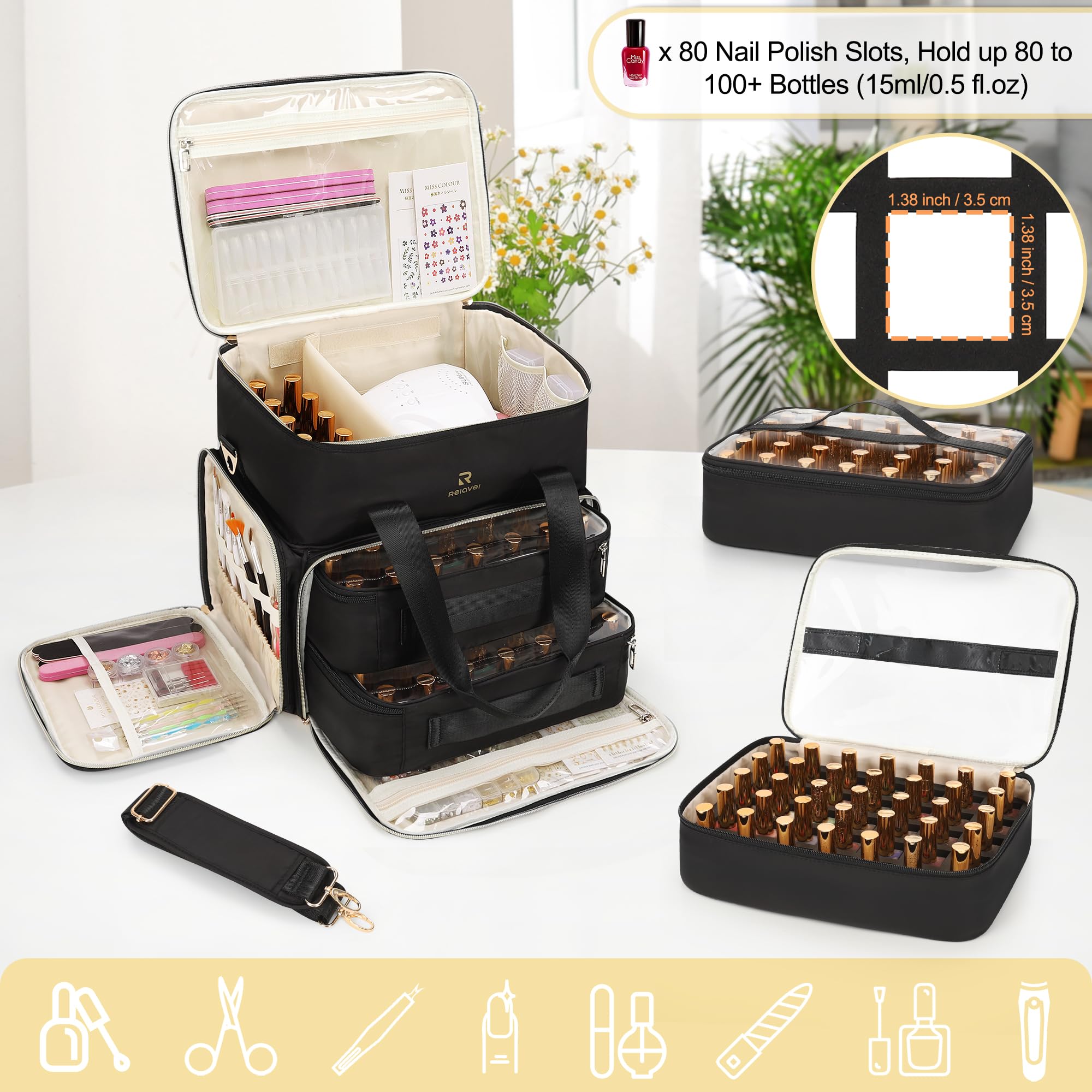 Relavel comprend deux sacs amovibles pour rangement flexible des vernis.