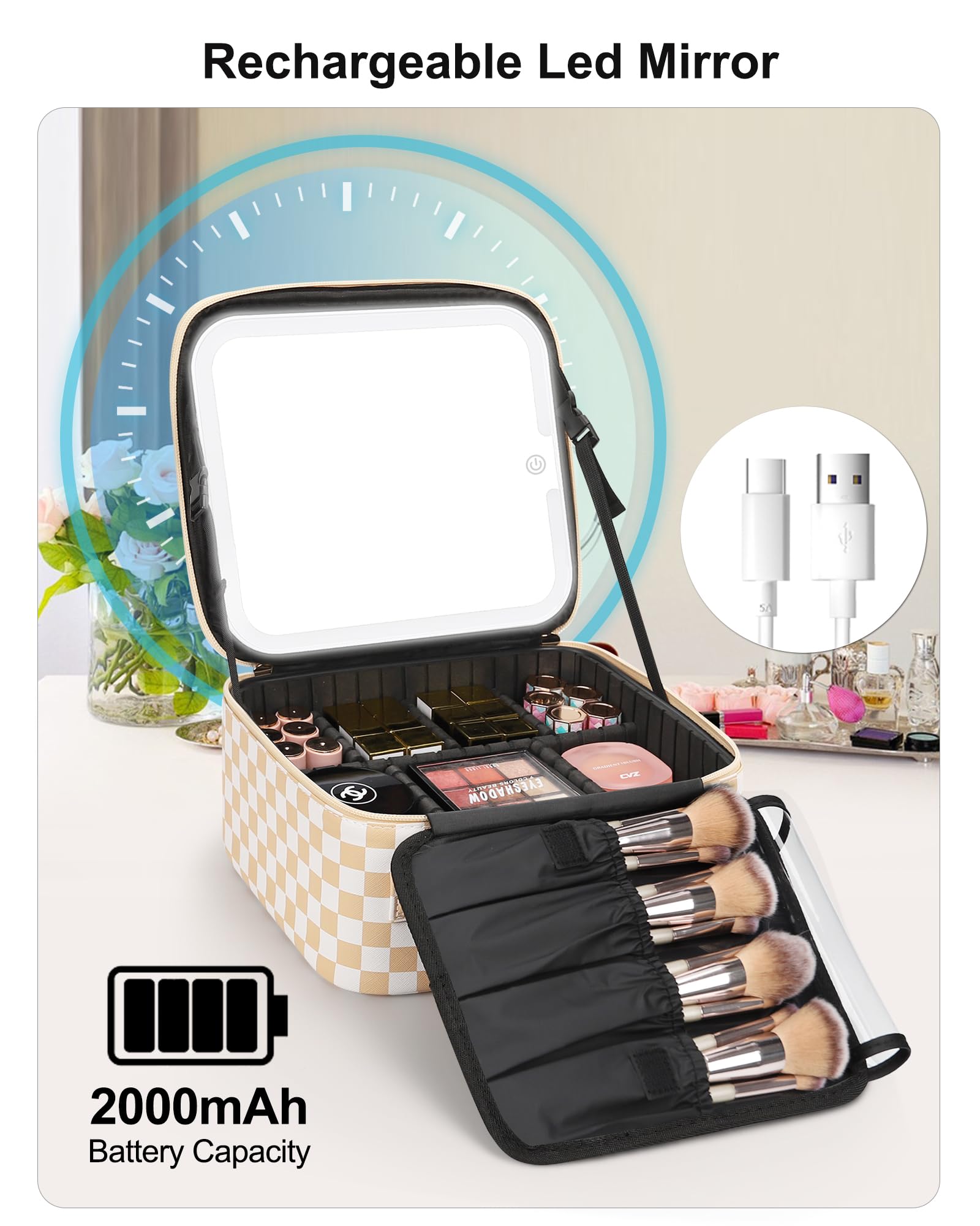 Relavel trousse maquillage batterie 2000mAh, miroir utilisable sans prise une semaine