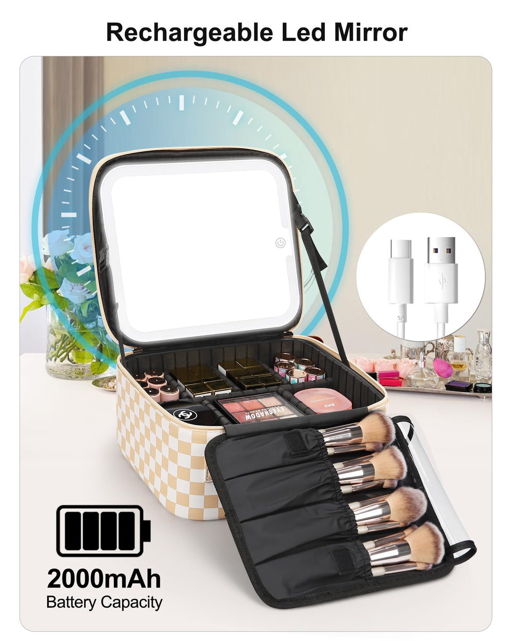 Relavel trousse maquillage batterie 2000mAh, miroir utilisable sans prise une semaine