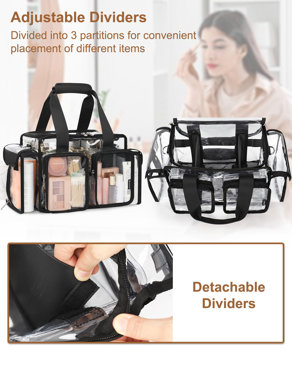 Relavel Trousse Maquillage Transparent avec diviseurs ajustables pour organisation modulable.