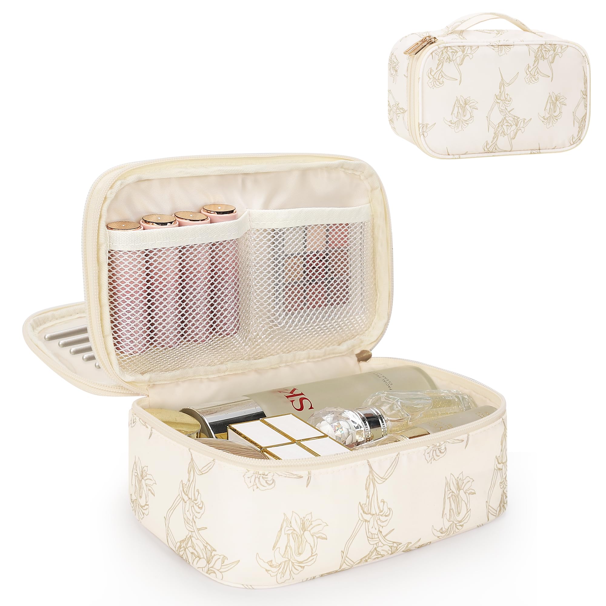 Relavel trousse maquillage voyage florale Lily, rangement compact pour essentiels beauté en déplacement.