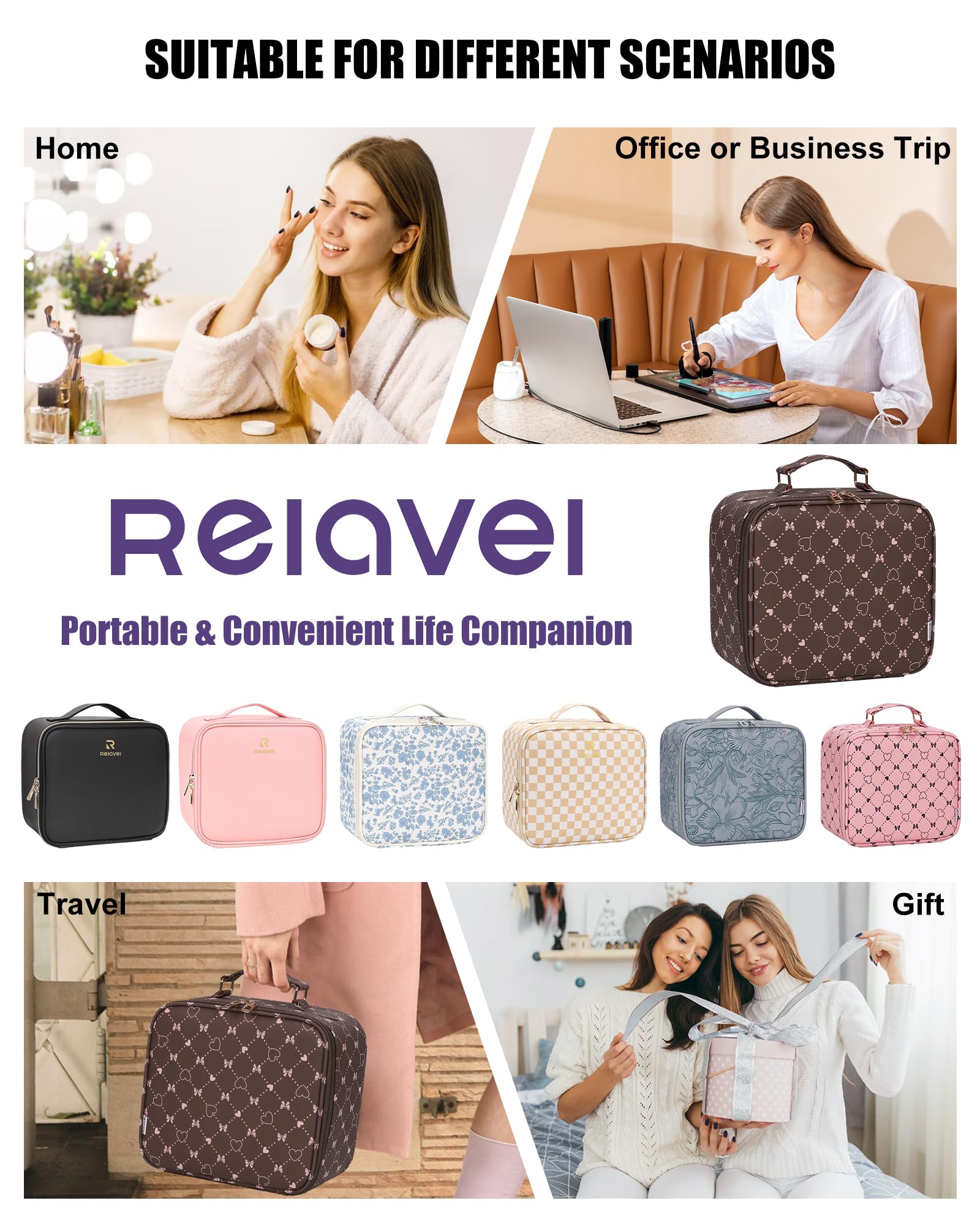 Relavel Trousse Maquillage Voyage, porte-pinceaux amovibles pour ranger les pinceaux en sécurité.