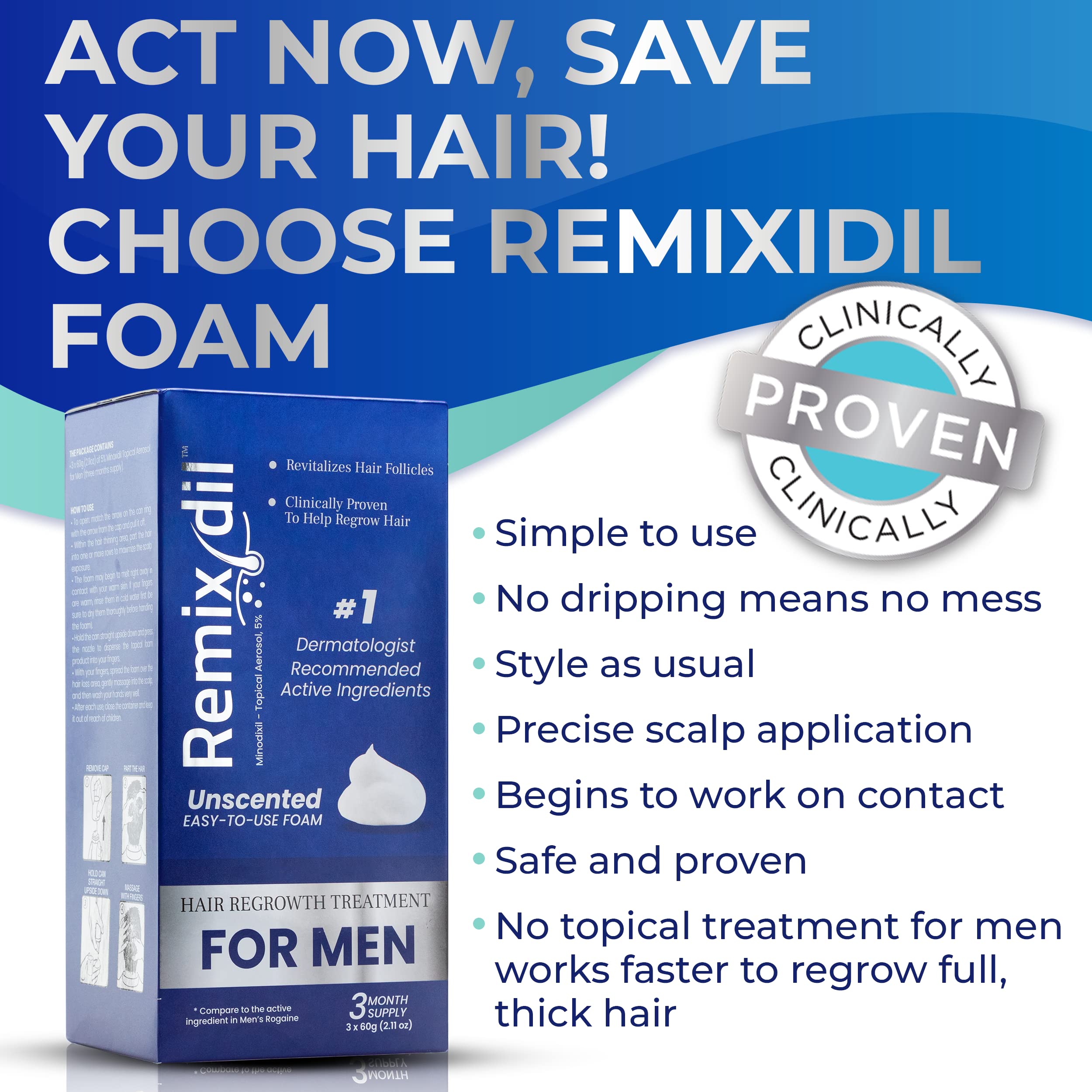 Remixidil Homme 5% Minoxidil Mousse, applicateur précis pour réduire le gaspillage.