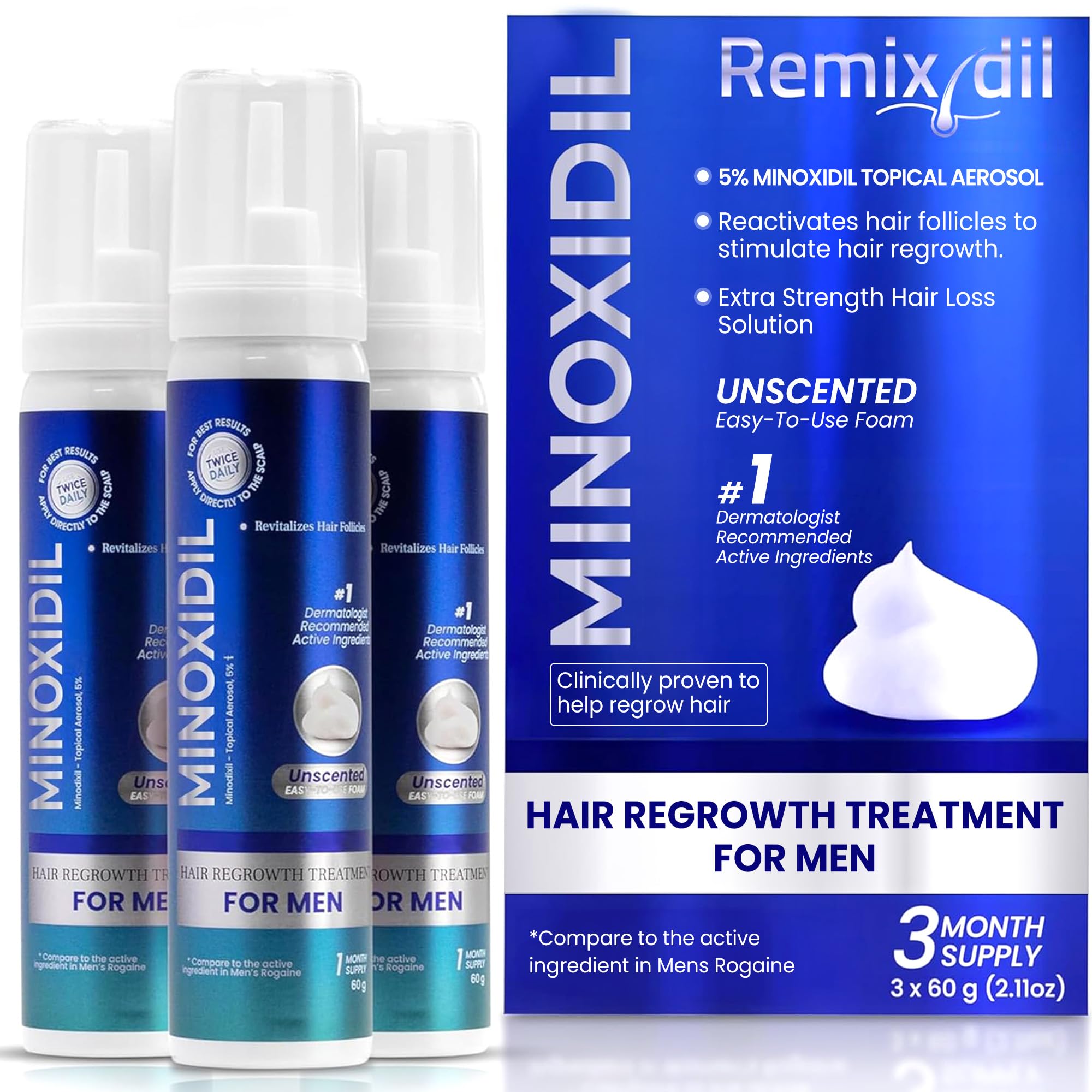 Remixidil Homme 5% Minoxidil Mousse, flacon pratique pour application ciblée sur le cuir chevelu.