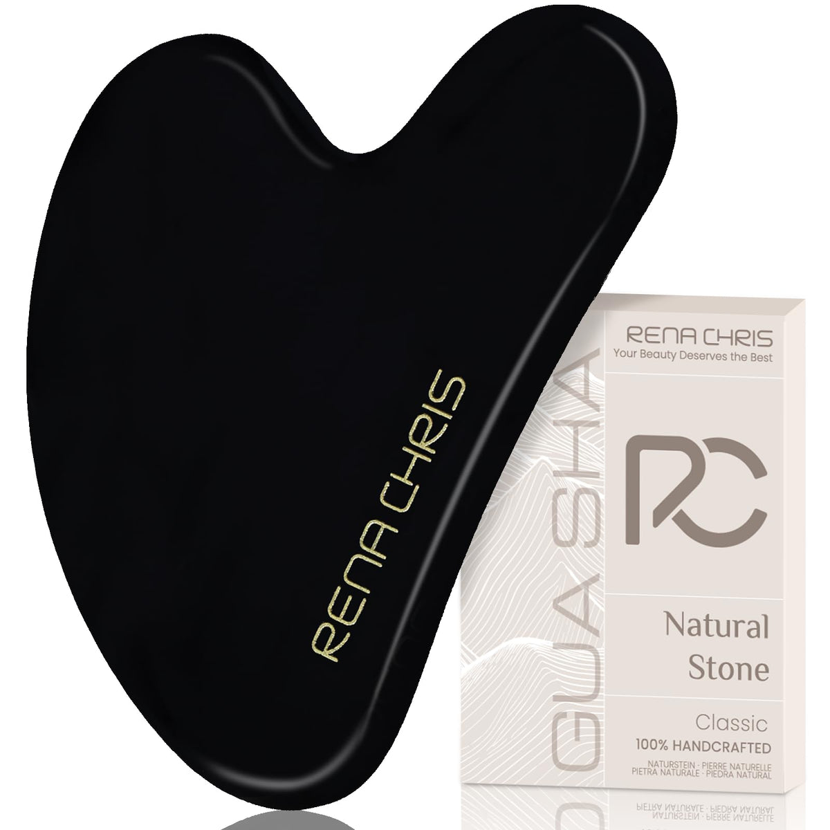 Gua Sha Rena Chris en obsidienne noire sur le visage pour une routine douceur.