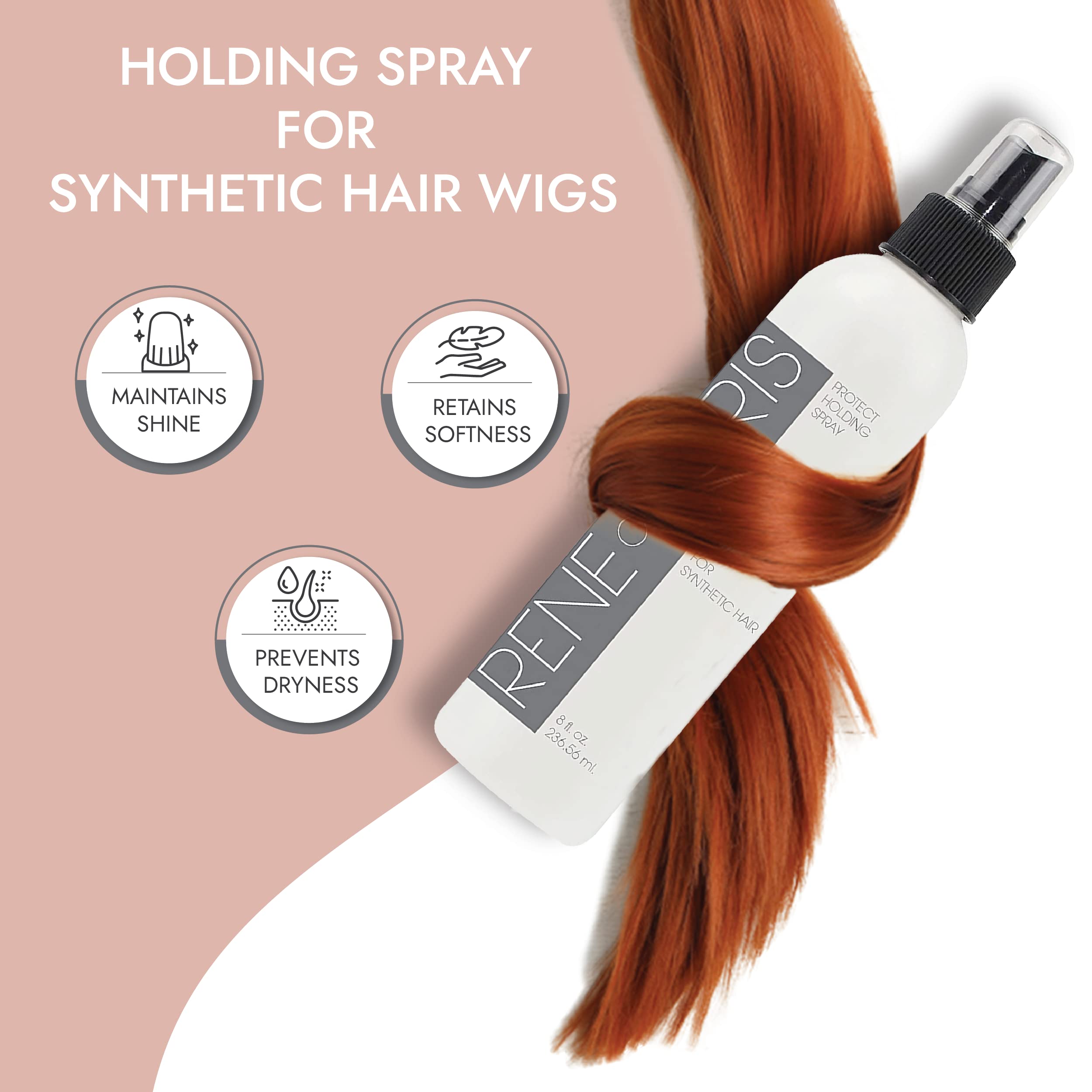 Rene of Paris – Application du spray, fixation uniforme sur perruques synthétiques.