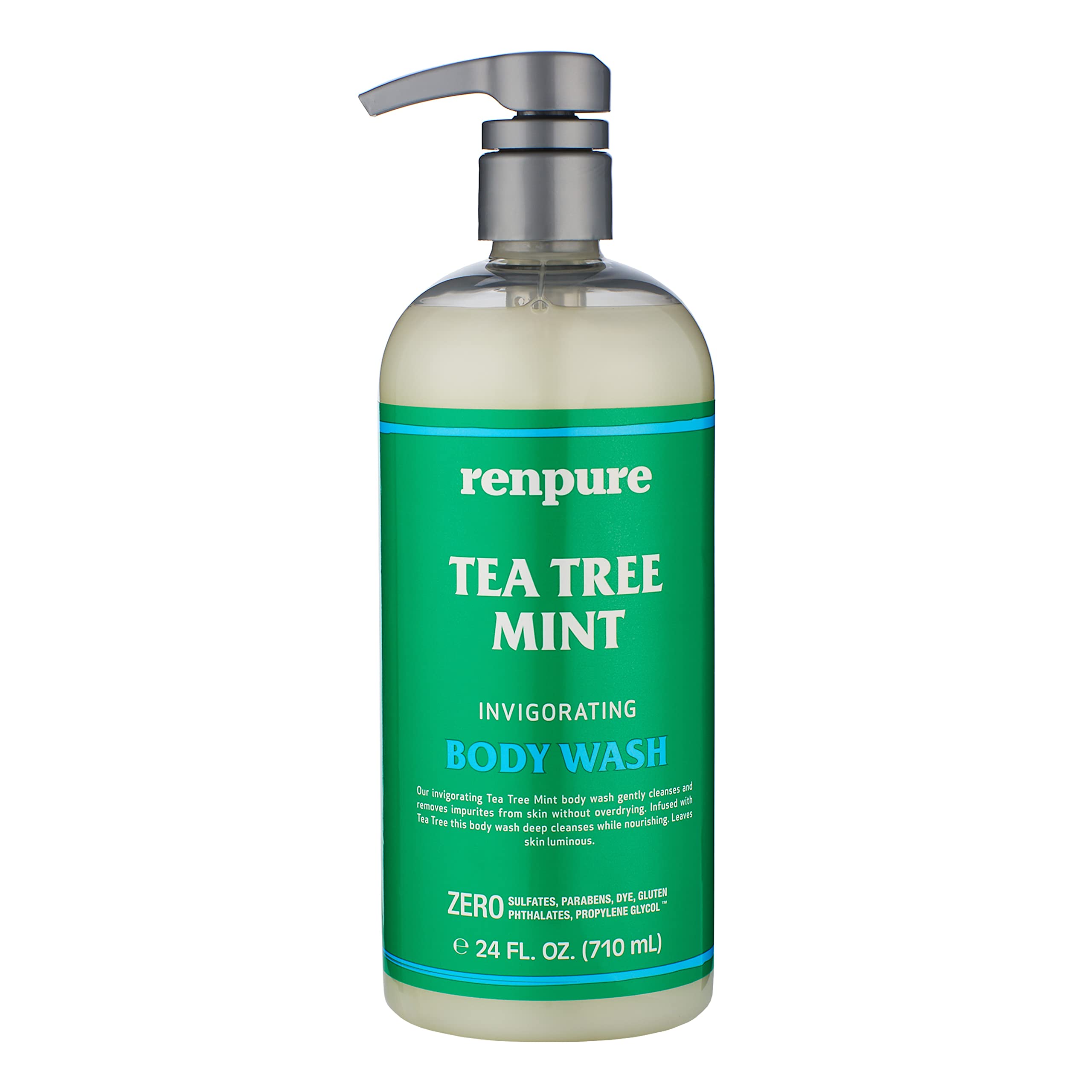 Renpure, bouteille-pompe, huile d arbre à thé et menthe: nettoyage doux pour peau sensible.