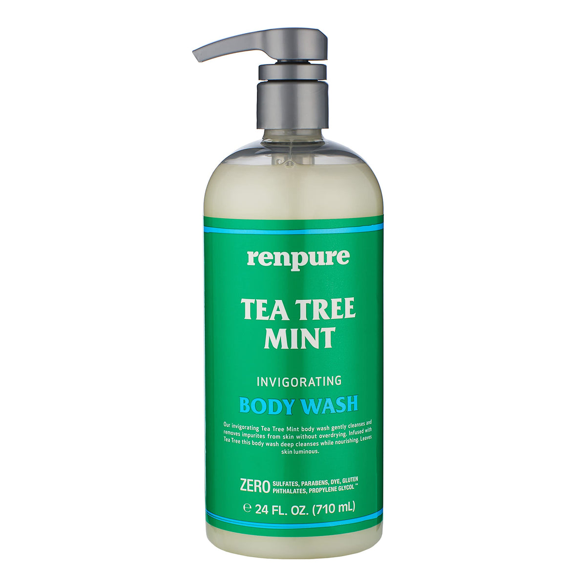 Renpure, bouteille-pompe, huile d arbre à thé et menthe: nettoyage doux pour peau sensible.