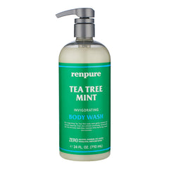 Renpure, bouteille-pompe, huile d arbre à thé et menthe: nettoyage doux pour peau sensible.