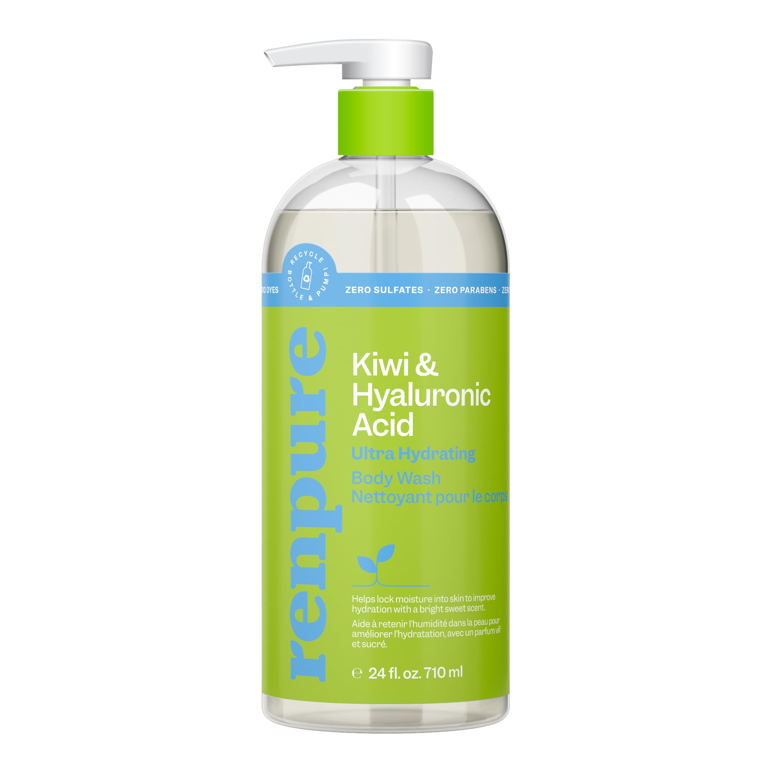Gel douche RENPURE Kiwi avec hyaluronique et pompe pratique pour hydrater la peau.