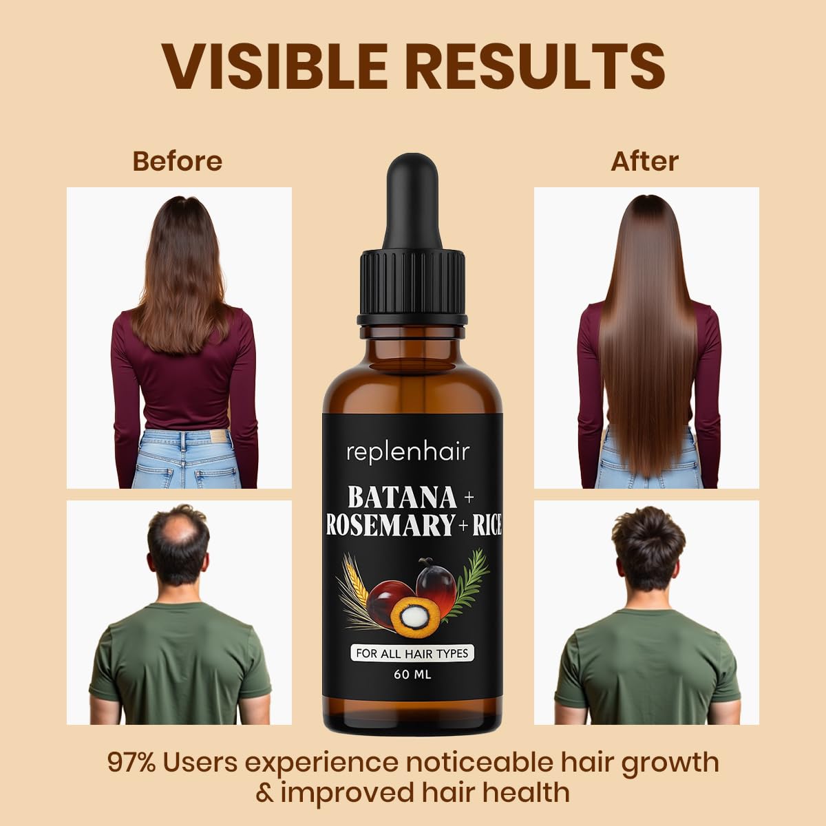 Flacon Replenhair Batana: pénétration efficace pour densité et volume.