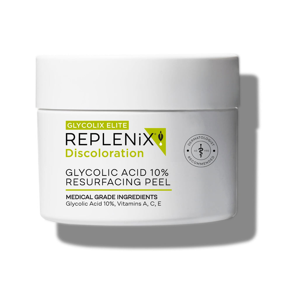 Tampon exfoliant Replenix acide glycolique 10 %, emballage prêt à l’emploi pour exfolier en douceur.