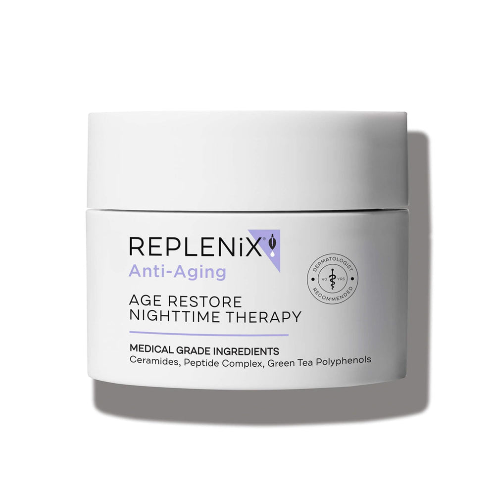 Replenix Age Restore: crème nuit en bouteille, hydratation profonde pour peau mature.