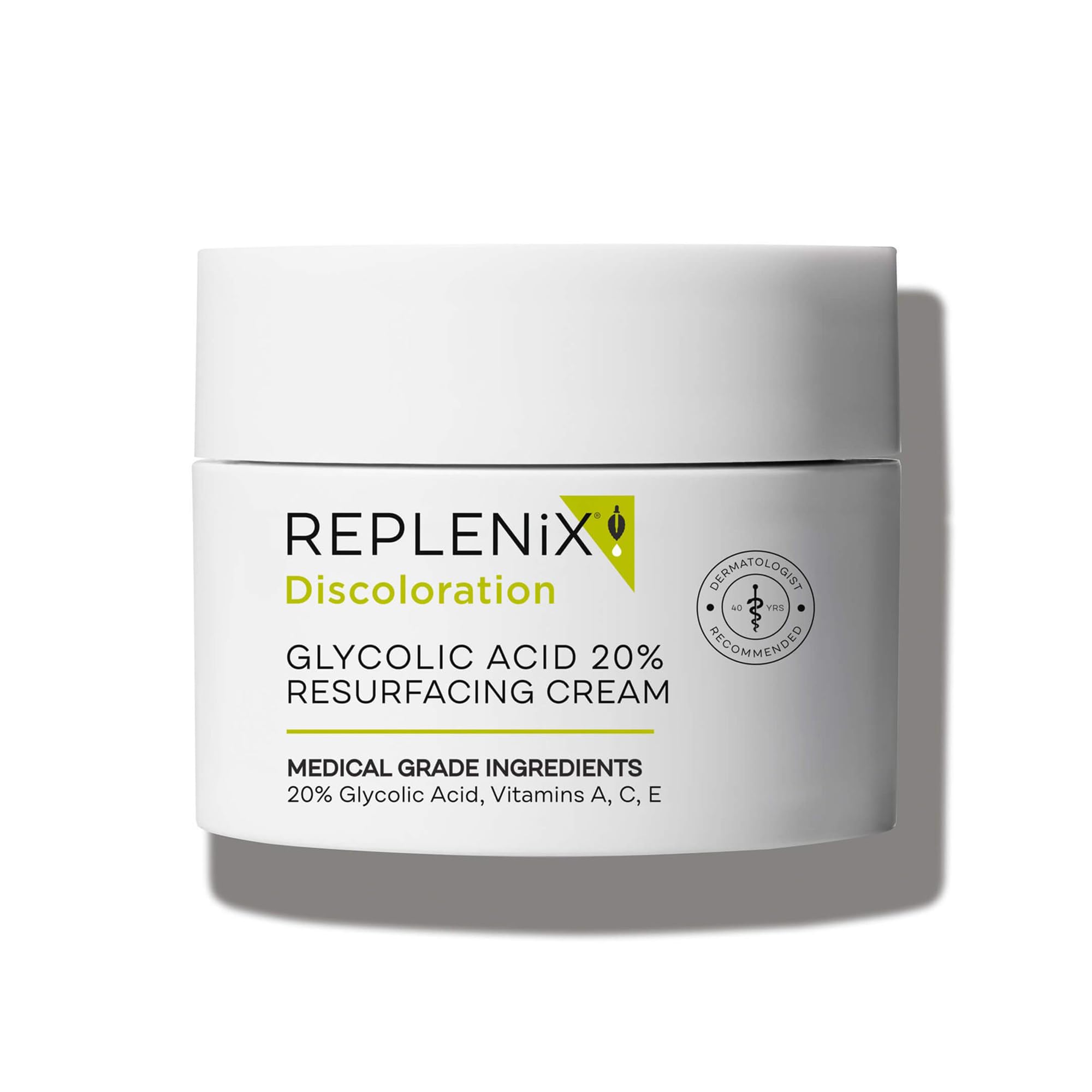 Replenix Crème acide glycolique 20%, bouteil, peau plus lisse et uniforme.