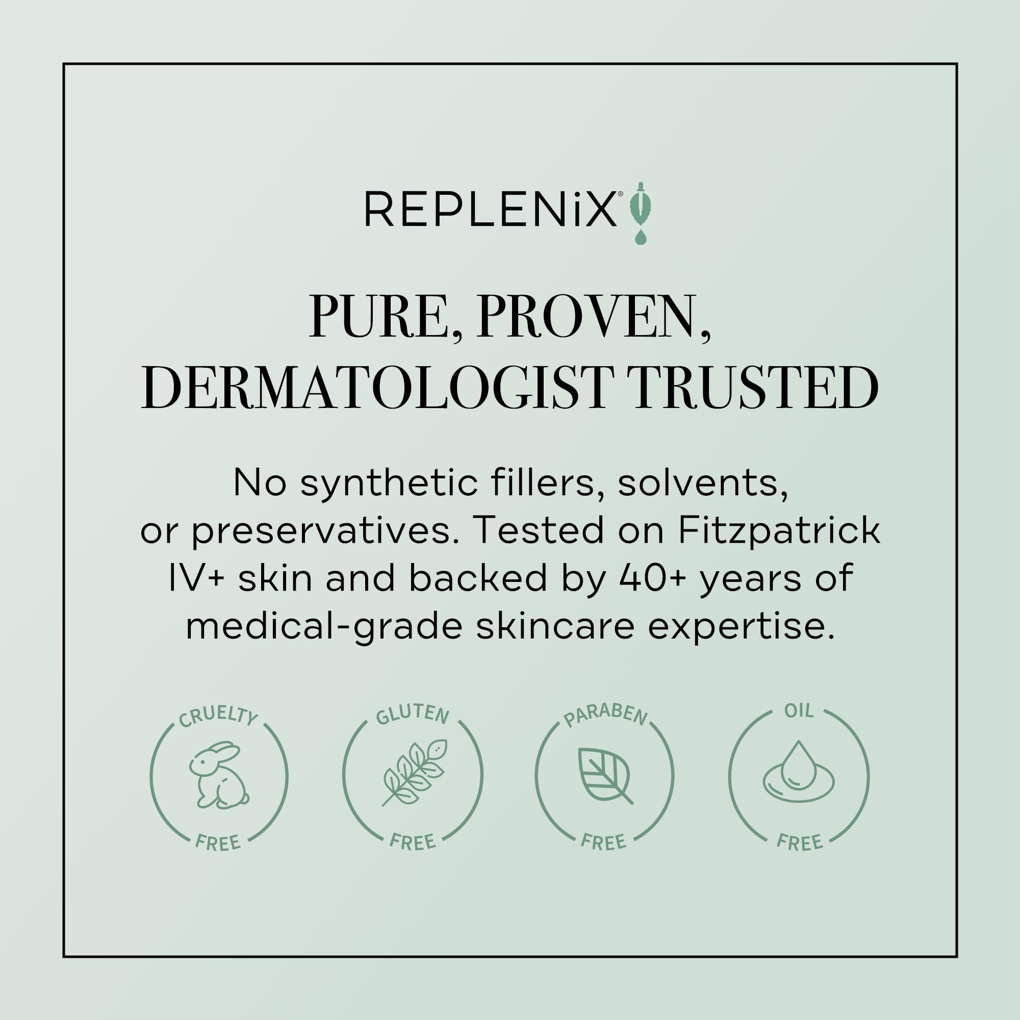 Replenix produit formulé sans solvants ni conservateurs pour une routine sûre.