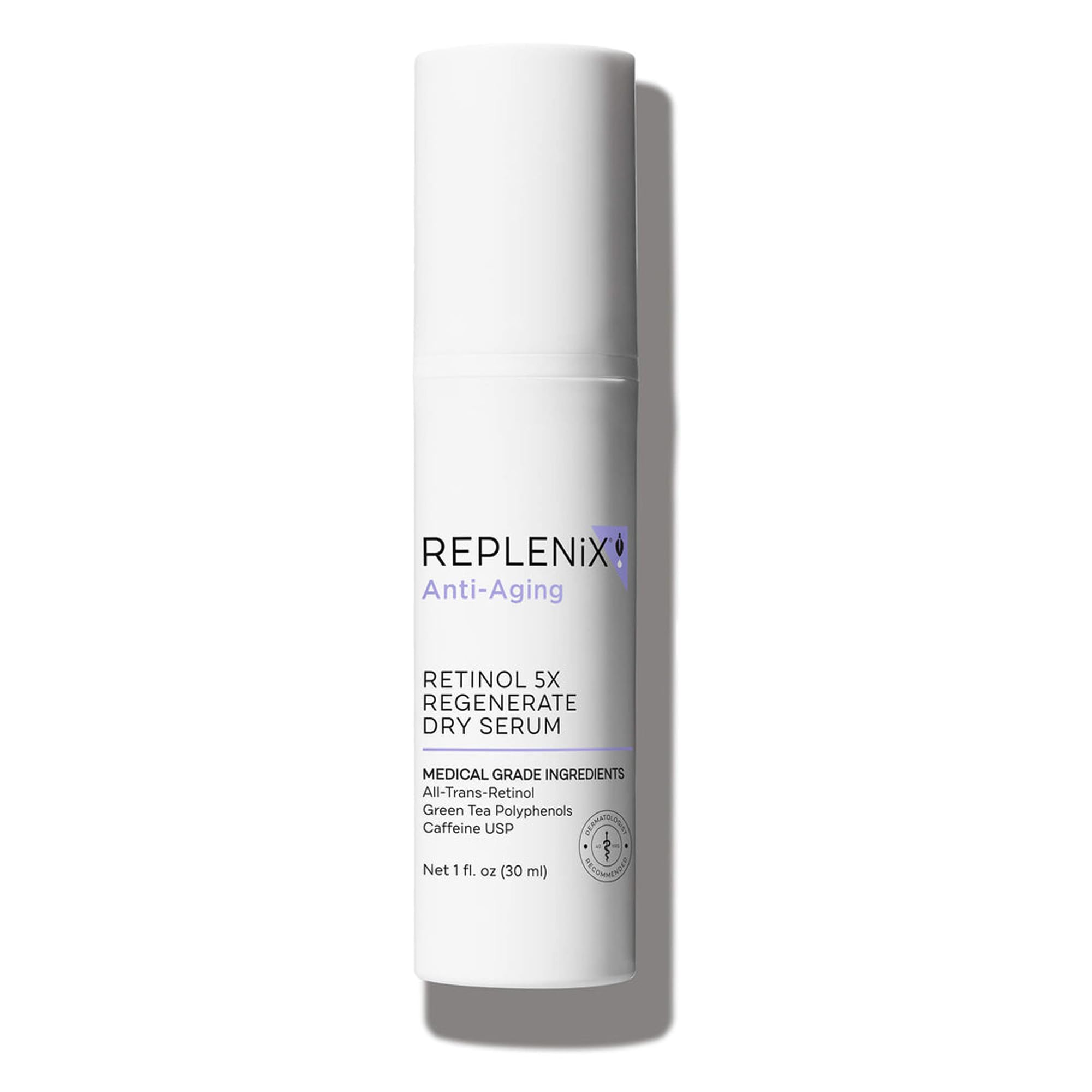 Sérum Replenix Retinol 5X Regenerate, flacon pompe visible, absorption rapide.